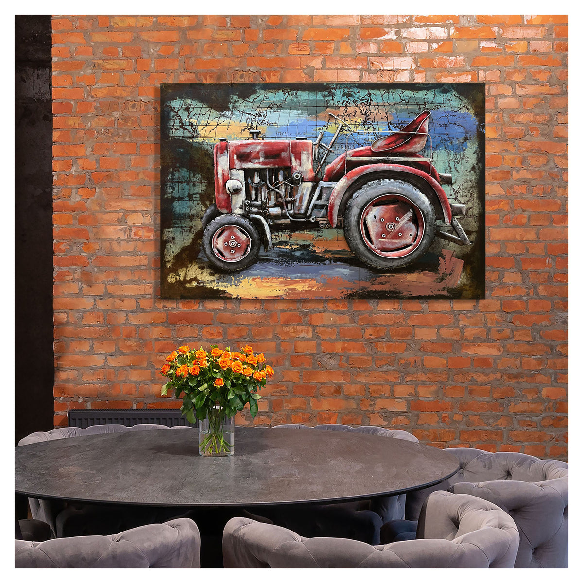 Canevas 3D de tracteur rouge rouillé peinture sur métal, 47-1/4'' x 31-1/2''