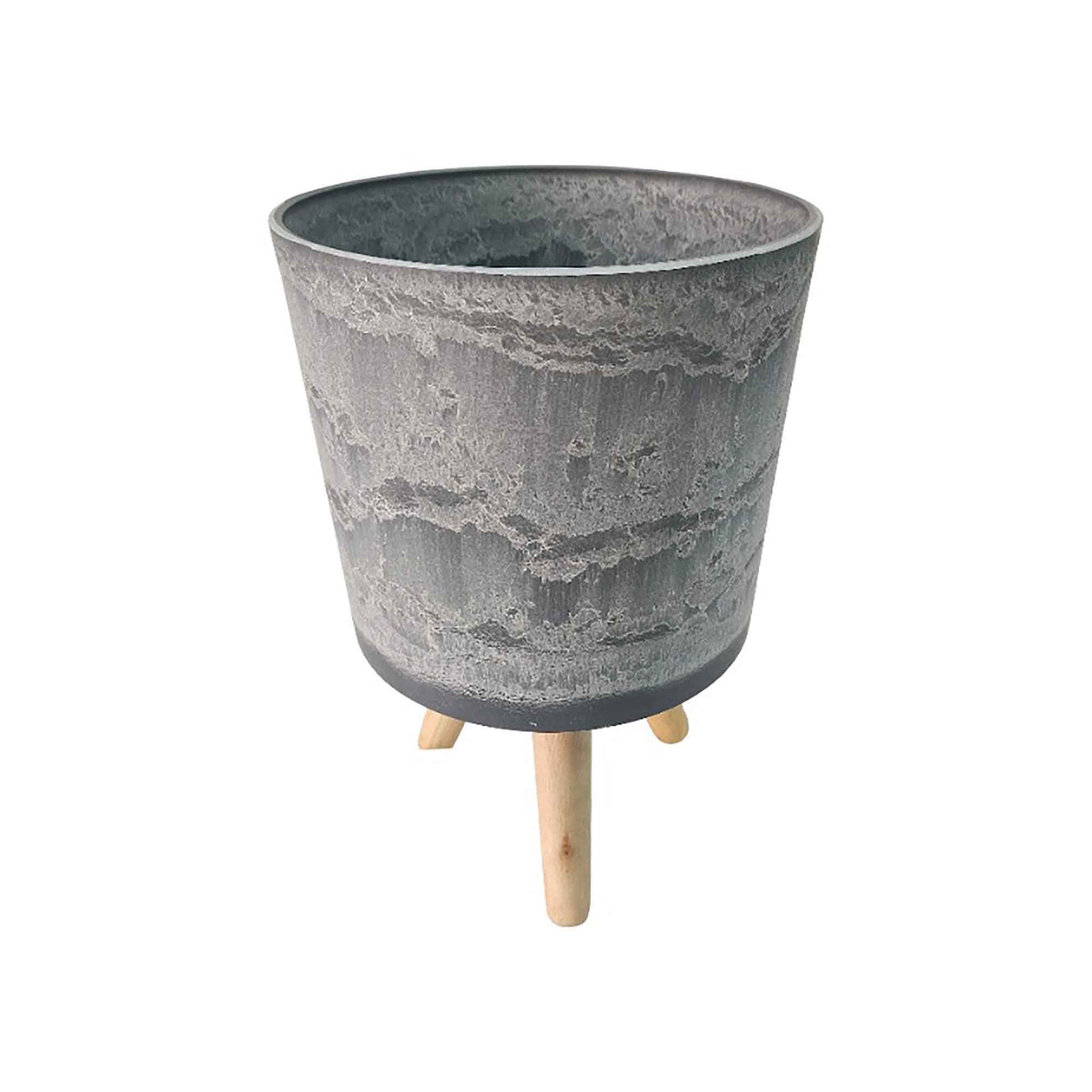 Pot rond gris foncé sur pieds en bois, 16' 'x 10''
