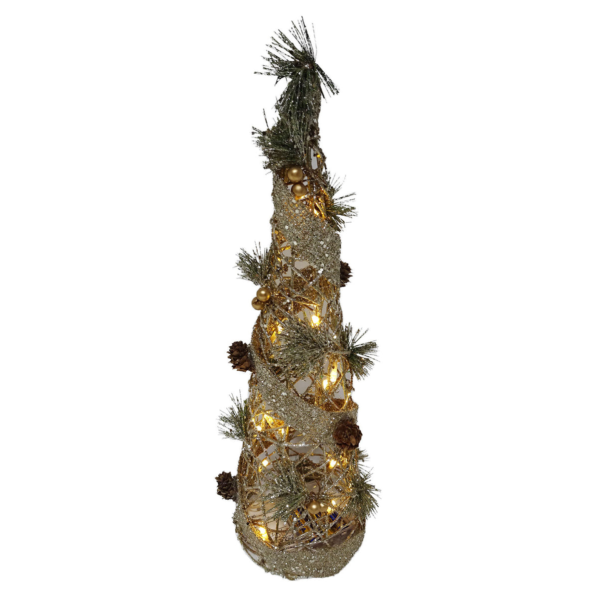 Arbre conique lumineux à DEL en rotin naturel pailleté avec jute, 16"