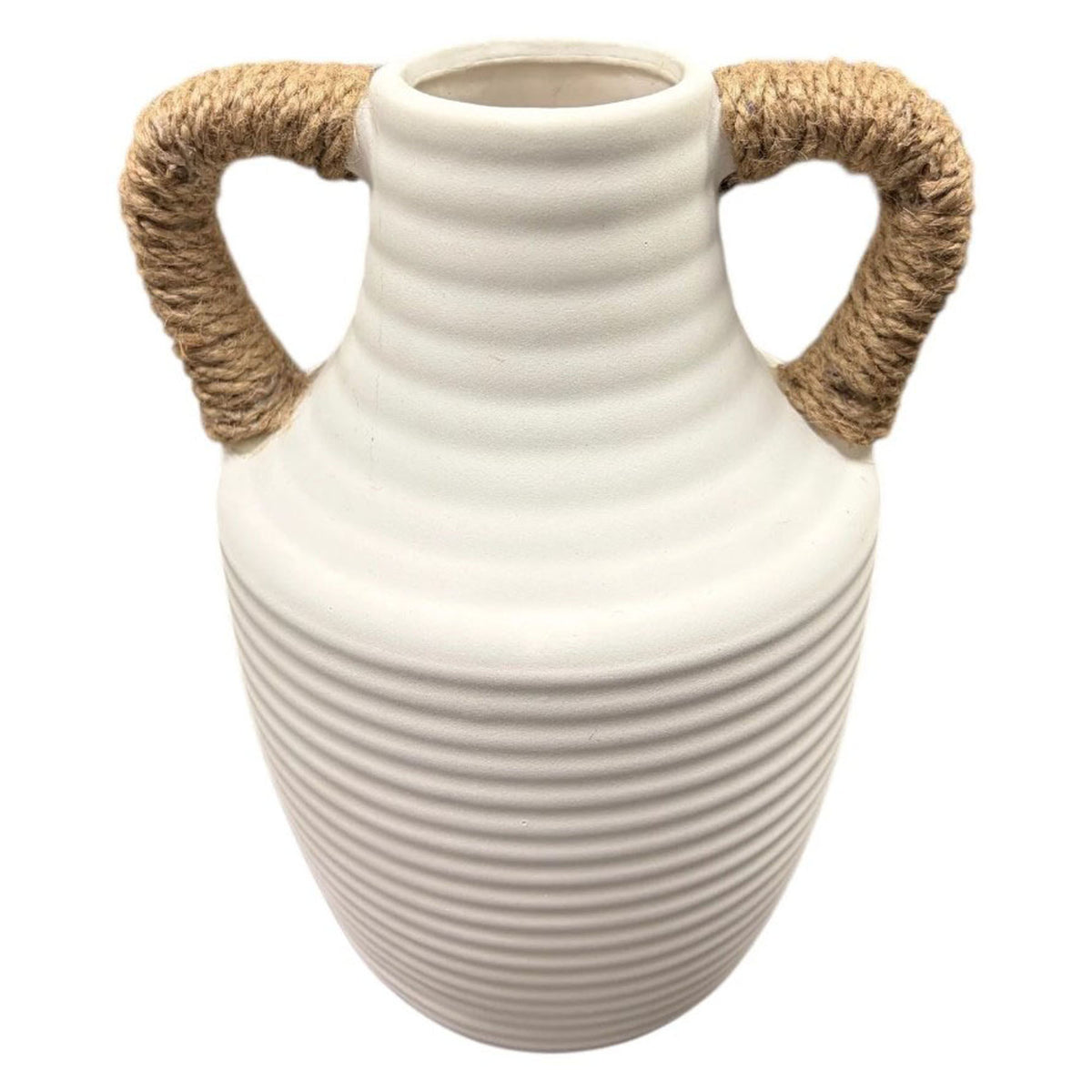 Vase en céramique avec cordage sur les poignées, 9" x 7"