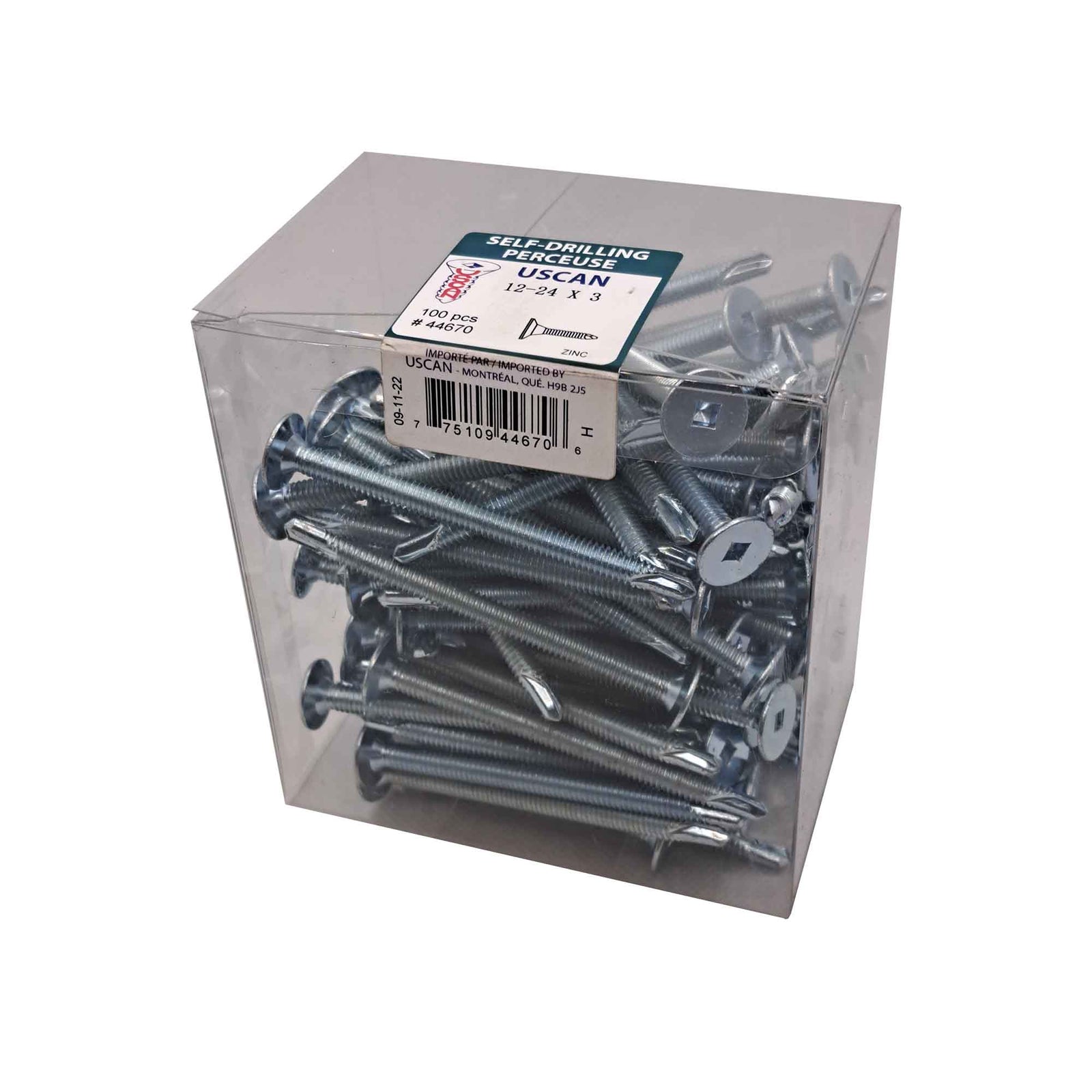 Vis autoperceuse à tête mince plaquée zinc "Tek" pour le métal, #12-24 x 3" (100 unités)