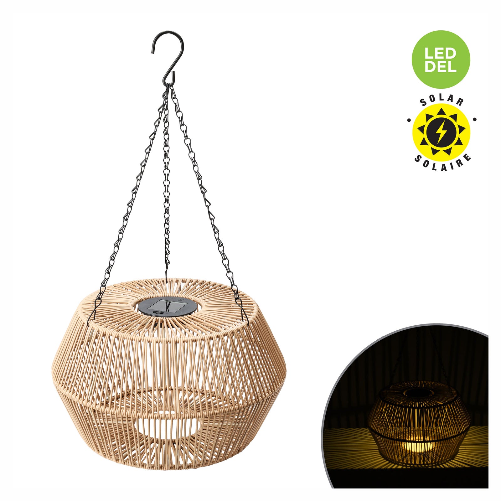 Lampe solaire suspendue avec abat-jour en rotin beige, 8" (20 cm)
