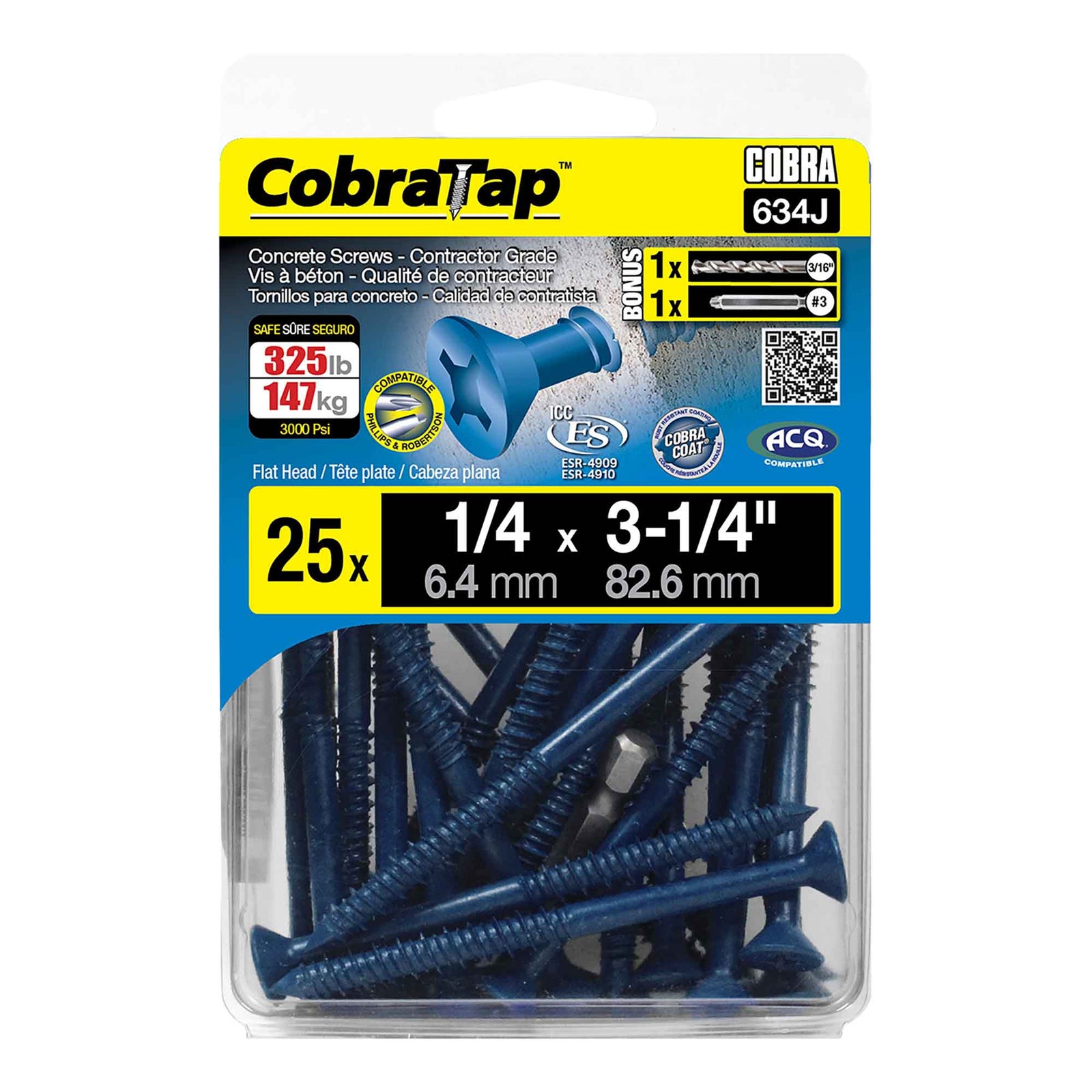 Vis à béton à tête plate CobraTap de 1/4" x 3-1/4", 25 unités