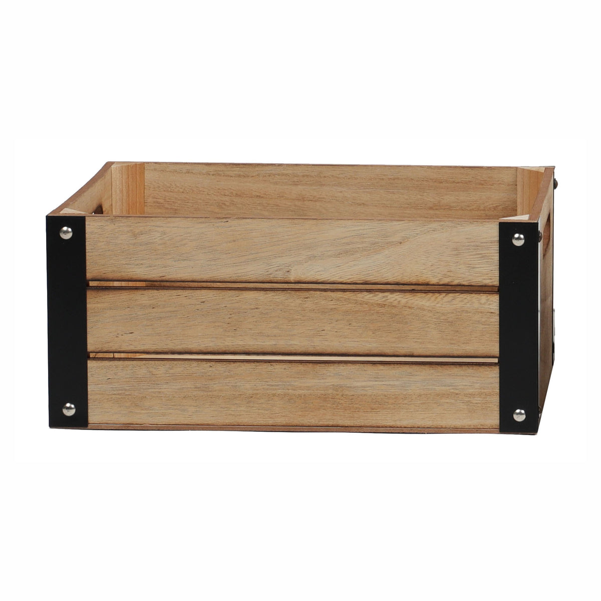 Caisse de rangement en bois naturel avec coins en métal noir, petit