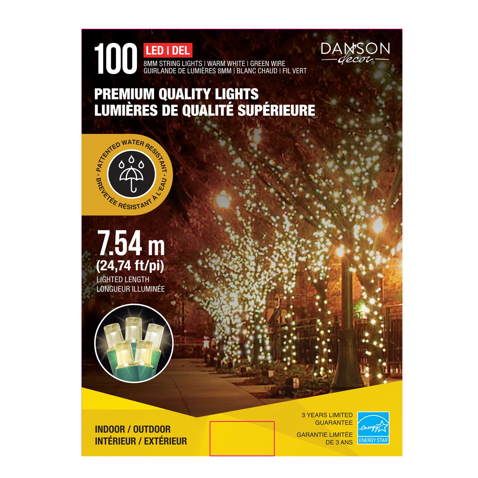 Guirlande de 100 lumières DEL de 8 mm de qualité supérieure sur fil vert de 24,74' (7,54 m), blanc chaud