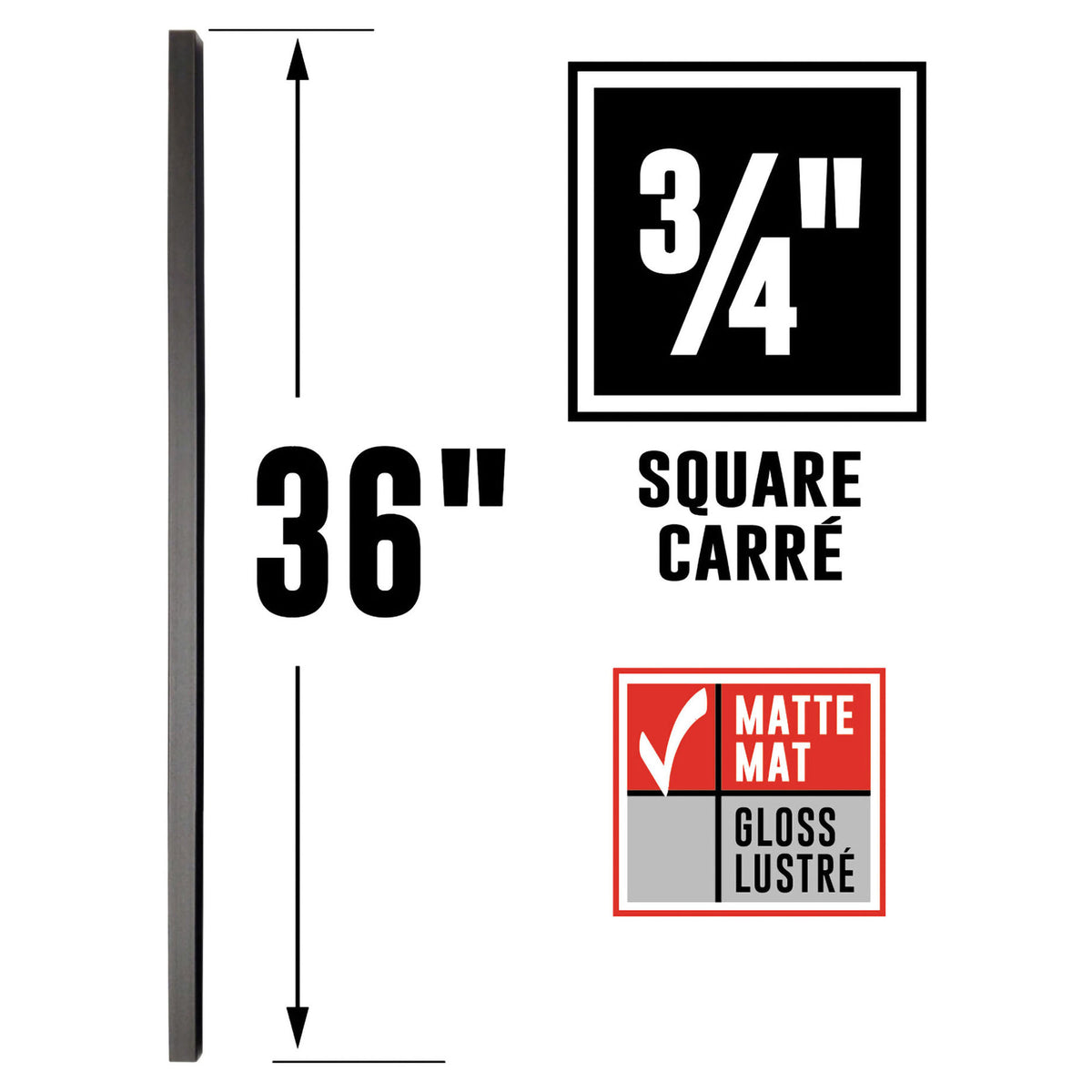 Balustres carrés avec connecteurs en acier noir mat, 36" x 3/4" (30 unités)