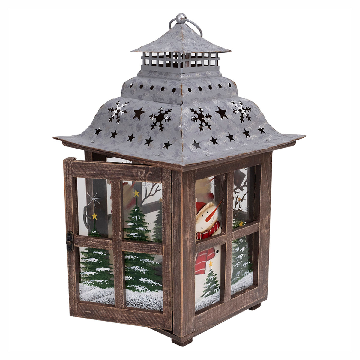 Lanterne de Noël en bois avec scène de bonhomme de neige, 15"