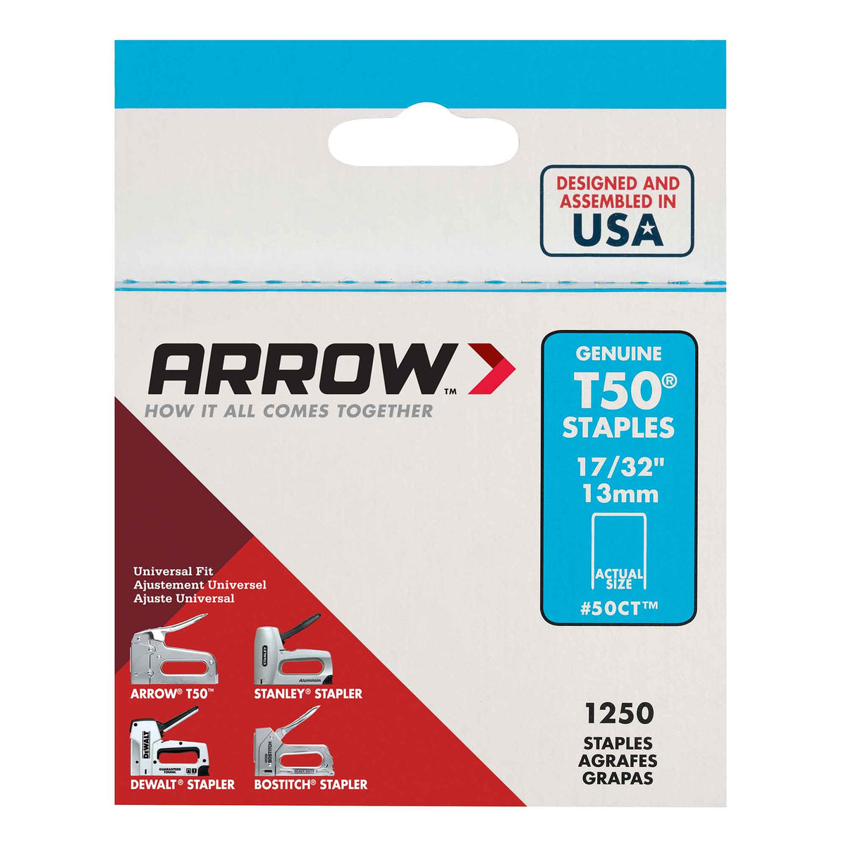 Agrafes Arrow en acier inoxydable pour T-50 de 17/32&quot;, boites de 1 250 unités 