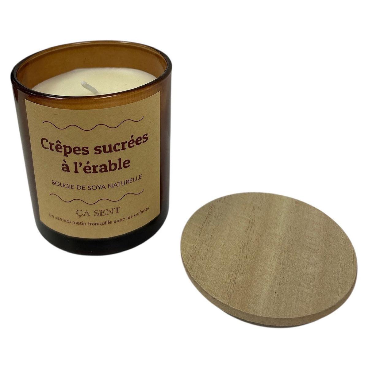 Bougie en pot en verre parfumée avec couvercle en bois, crêpes sucrées à l’érable