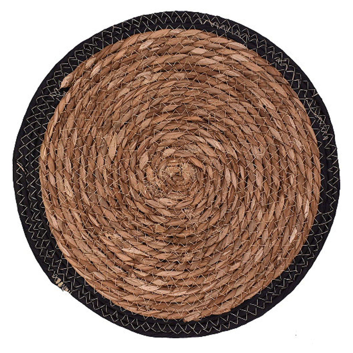 Napperon rond tressé à la main, naturel avec bordure noire 