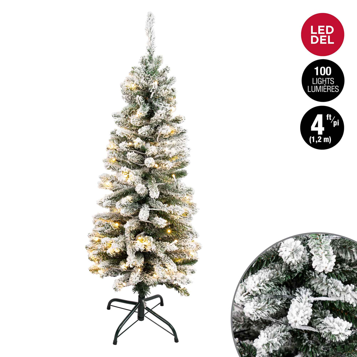 Sapin de Noël floqué et étroit à 100 lumières DEL en blanc chaud avec 240 pointes, 4&#39; (1,2 m)