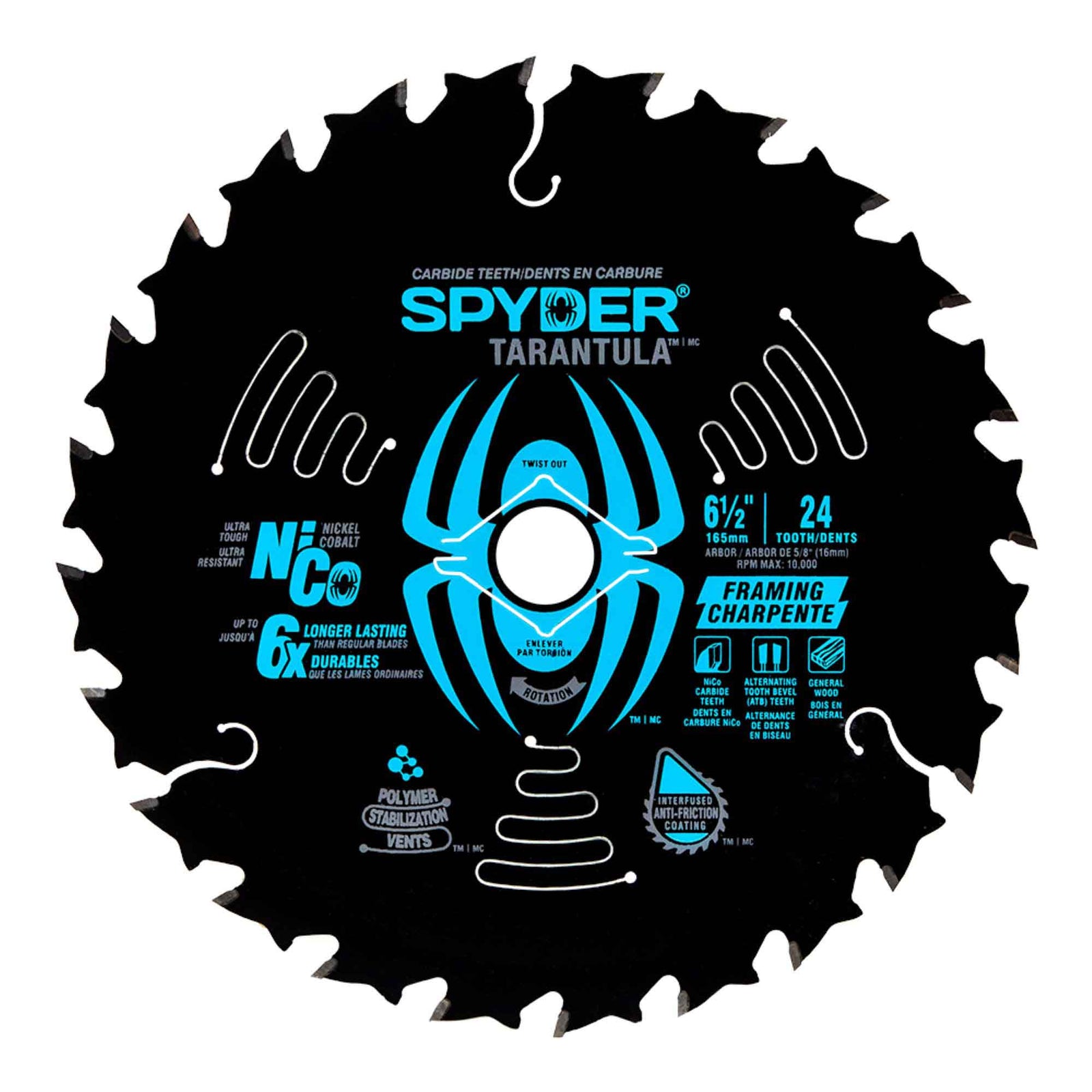 Lame de scie circulaire Tarantula pour la charpente avec 24 dents en acier au carbure de tungstène, 6-1/4"