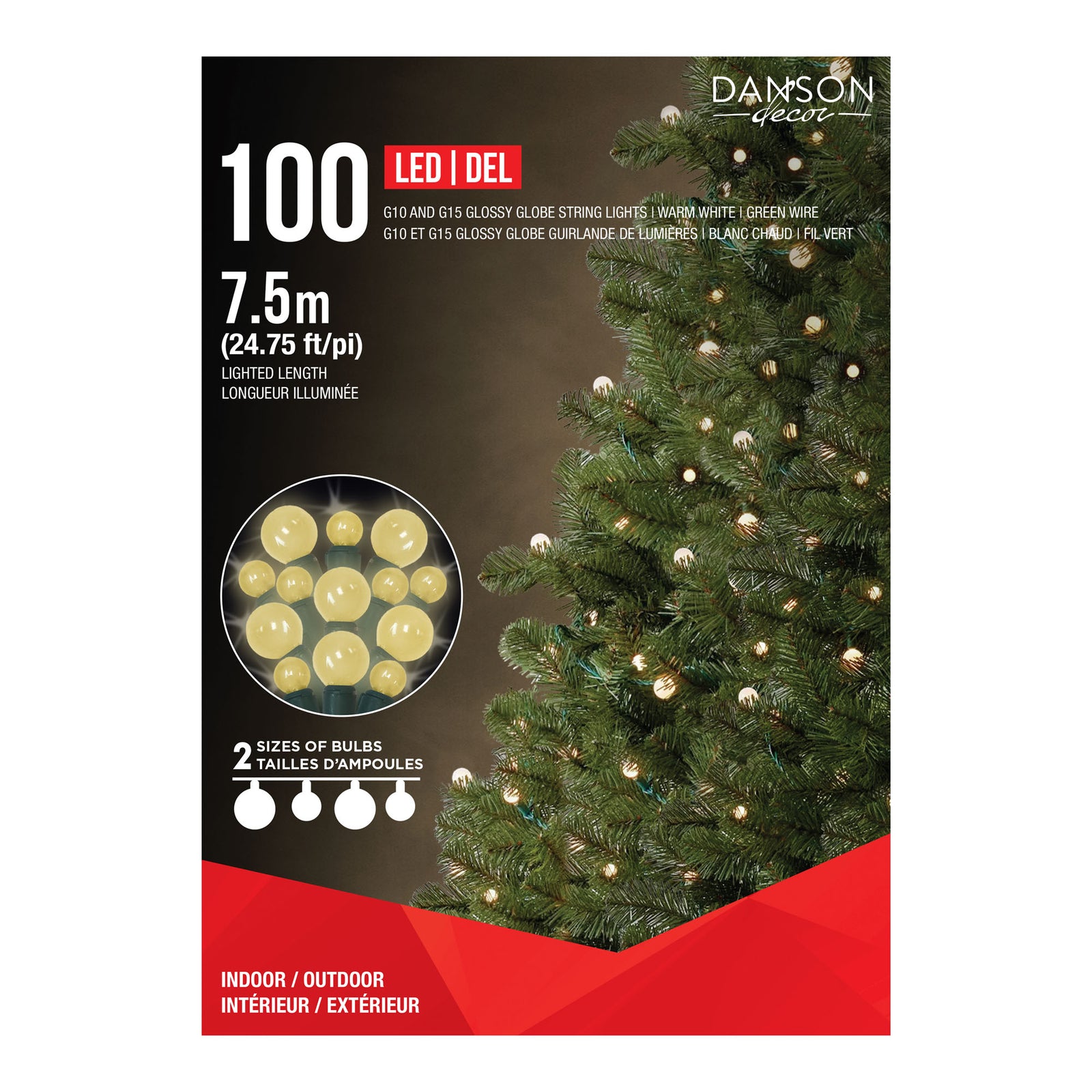 Guirlande de 100 lumières DEL en forme de globe G10 et G15 de 24,75' (7,5 m), blanc chaud 