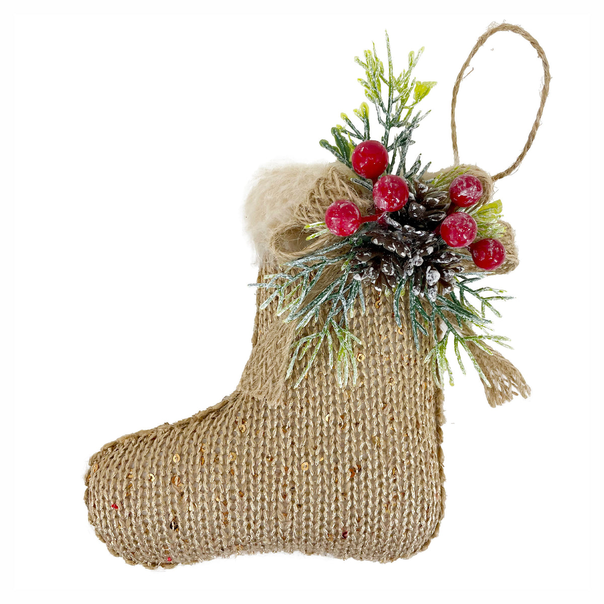 Décoration de chaussette en tissu à suspendre avec pommes de pin et baies rouges, 5"