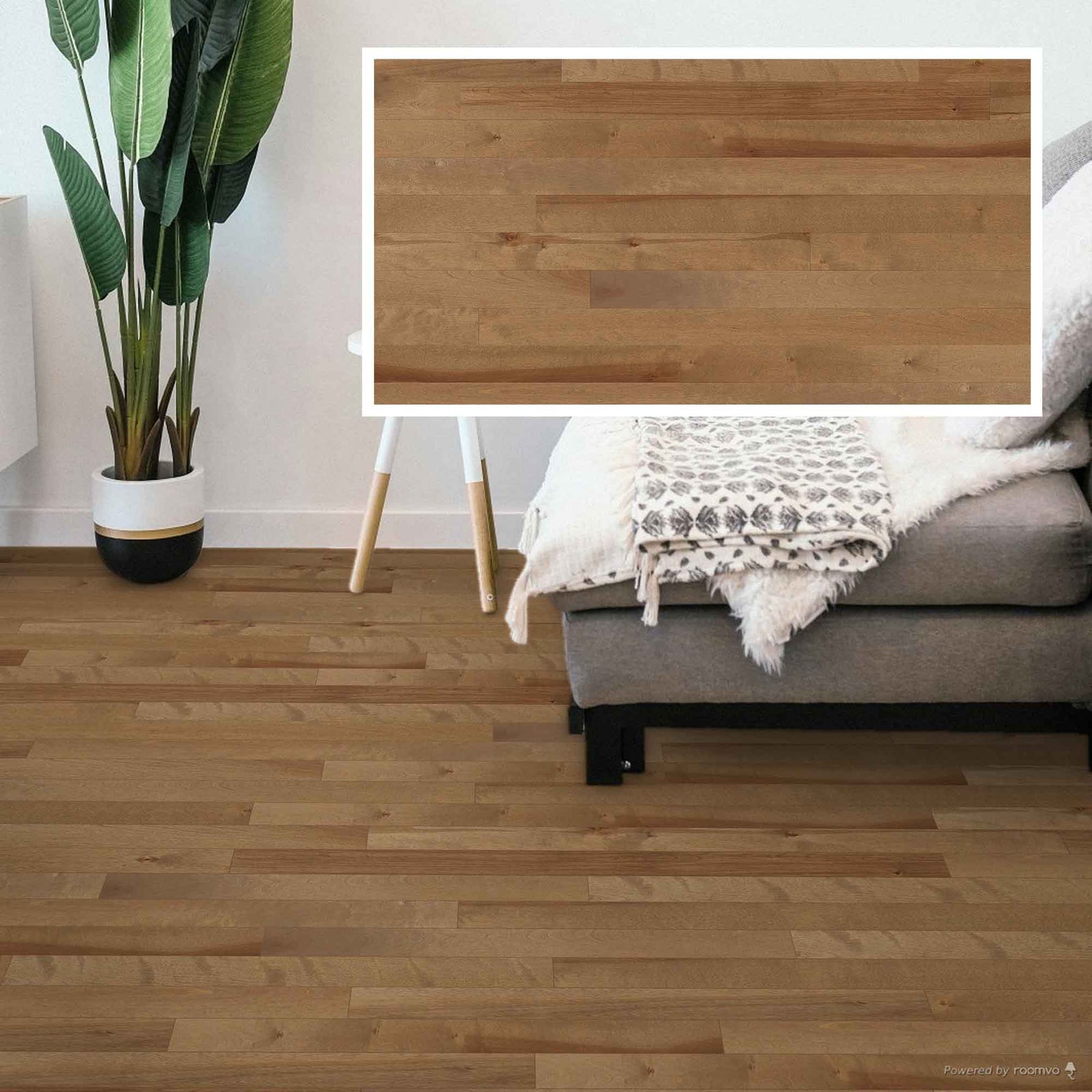 Plancher en merisier préverni de 3/4'' x 3-1/4'' de grade Nuance et de couleur Raphia, mat