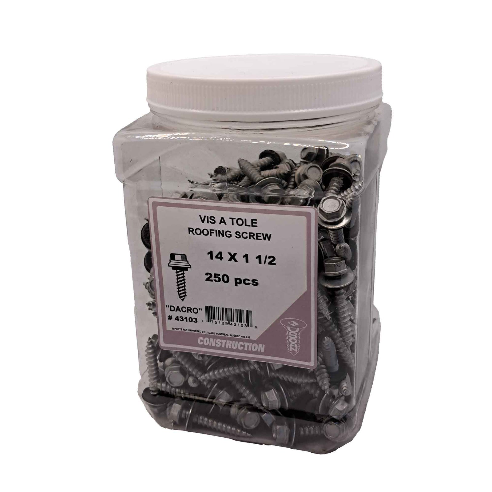 Vis à tôle à tête hexagonale, #14 x 1-1/2" (pot de 250 unités)