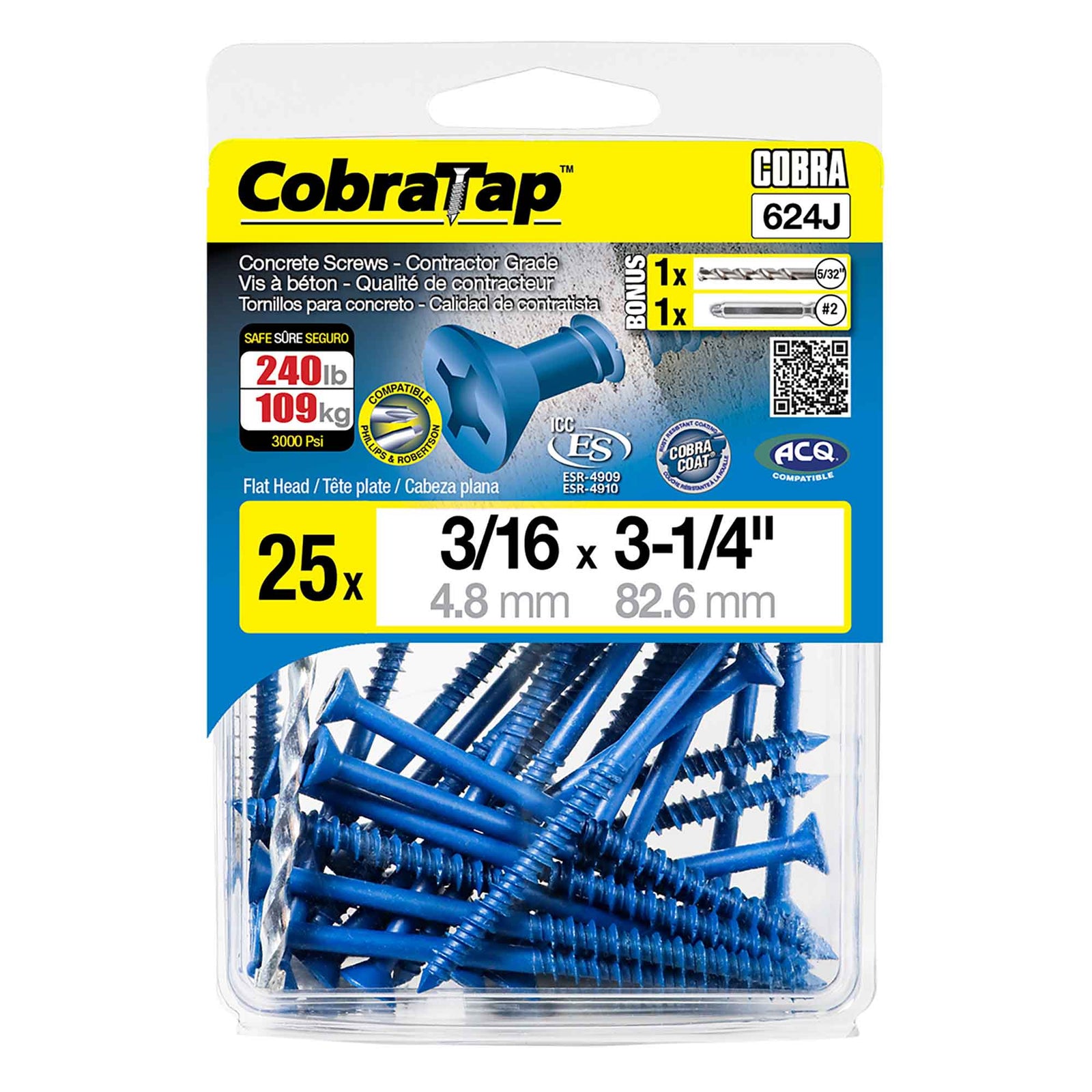 Vis à béton à tête plate CobraTap de 3/16" x 3-1/4", 25 unités