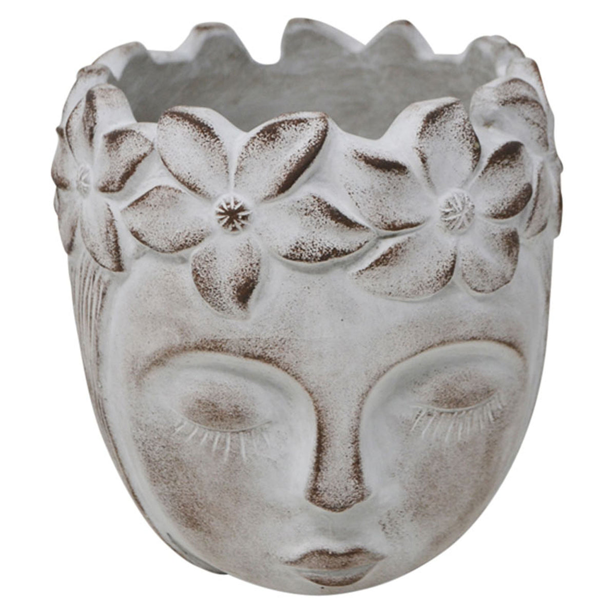 Cache-pot fillette avec couronne de fleurs, blanc