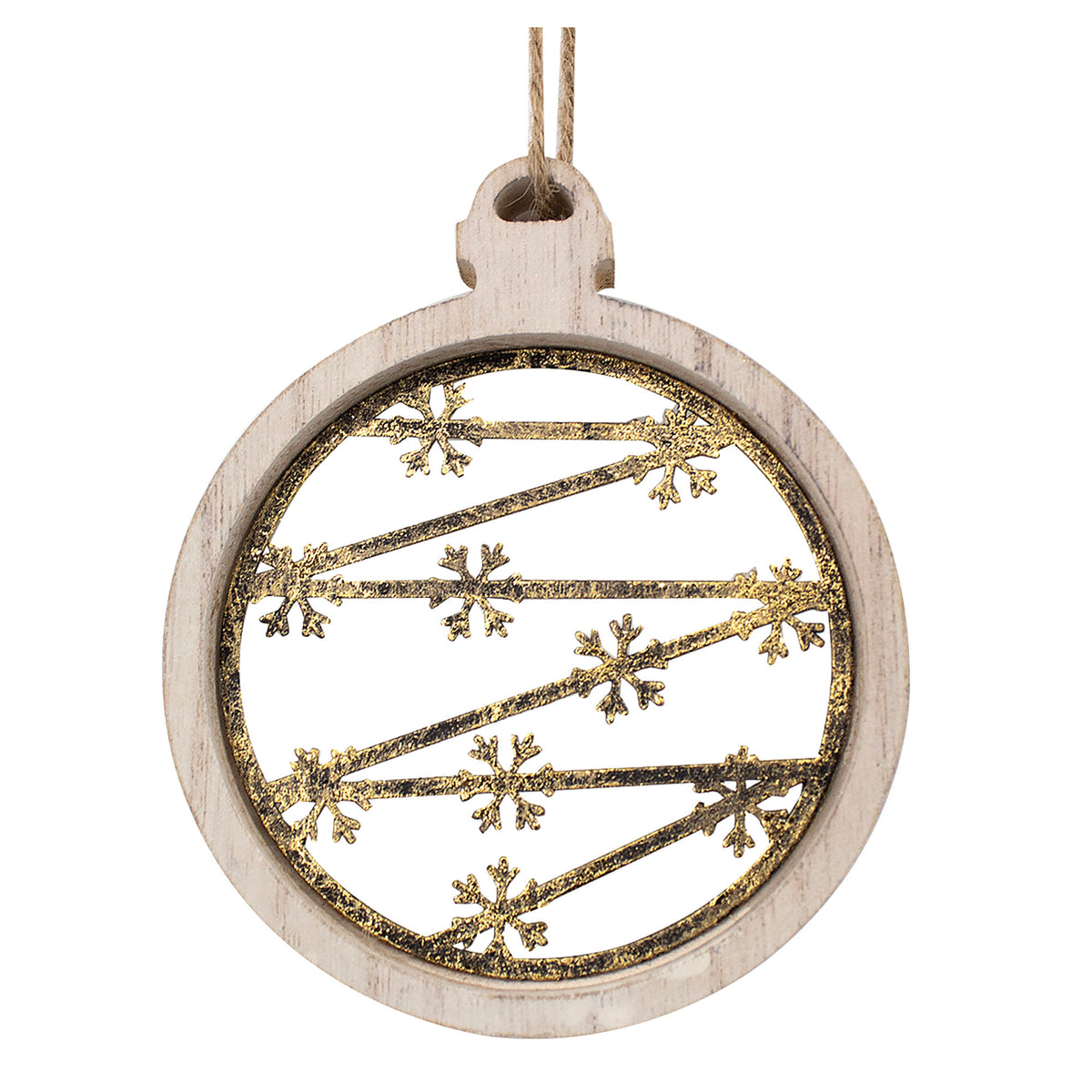 Boule en bois avec flocons or à suspendre, 5''