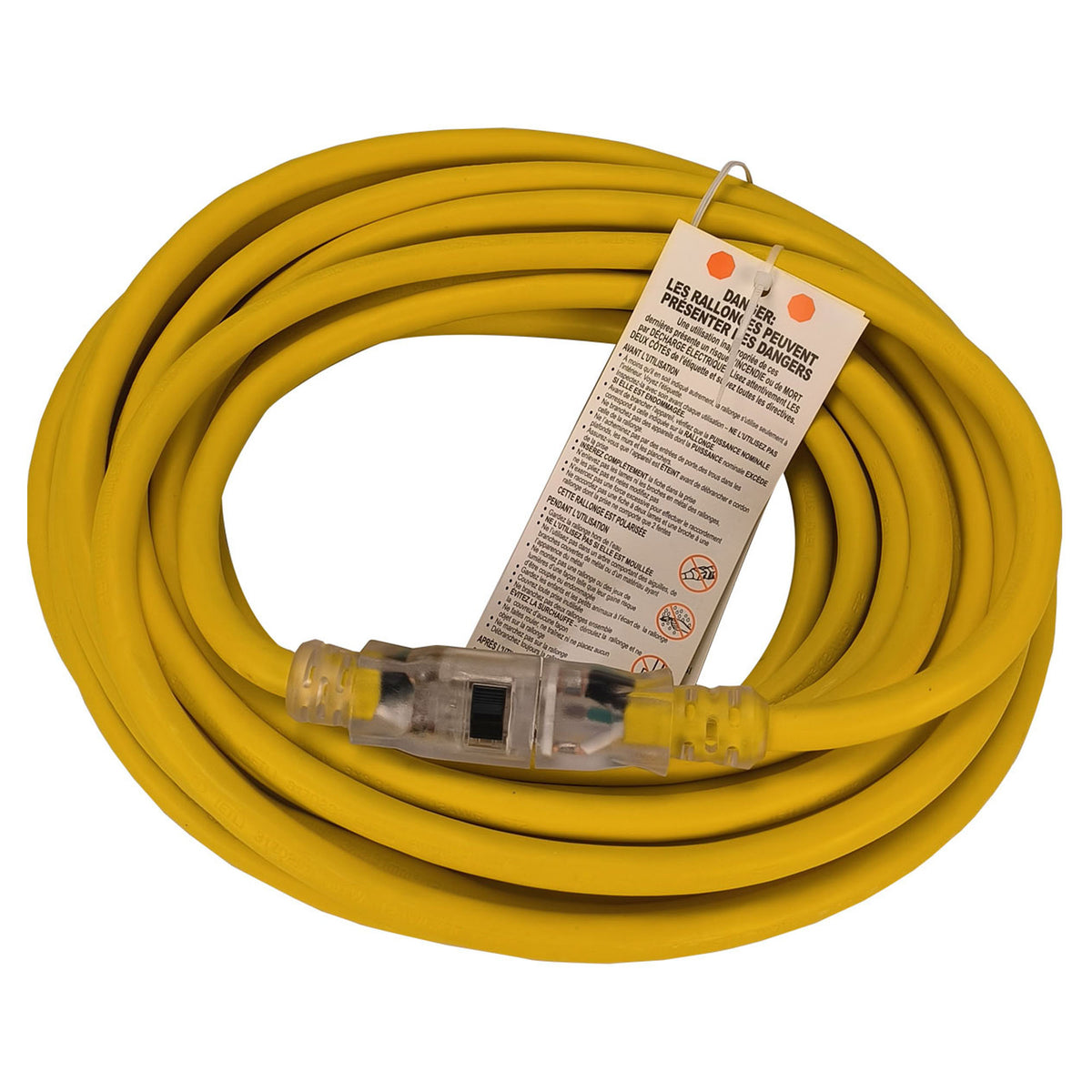 Rallonge électrique d'extérieure SJTW 12/3 avec éclairage et prise unique, 33' (jaune)