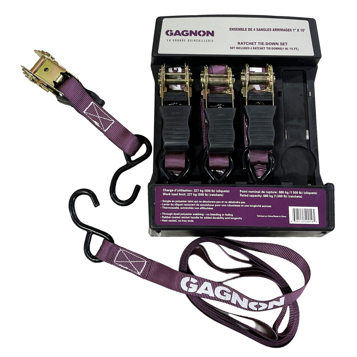 Sangle à cliquet avec une capacité de charge maximale de 500 lb, 1" x 15' (4 unités)