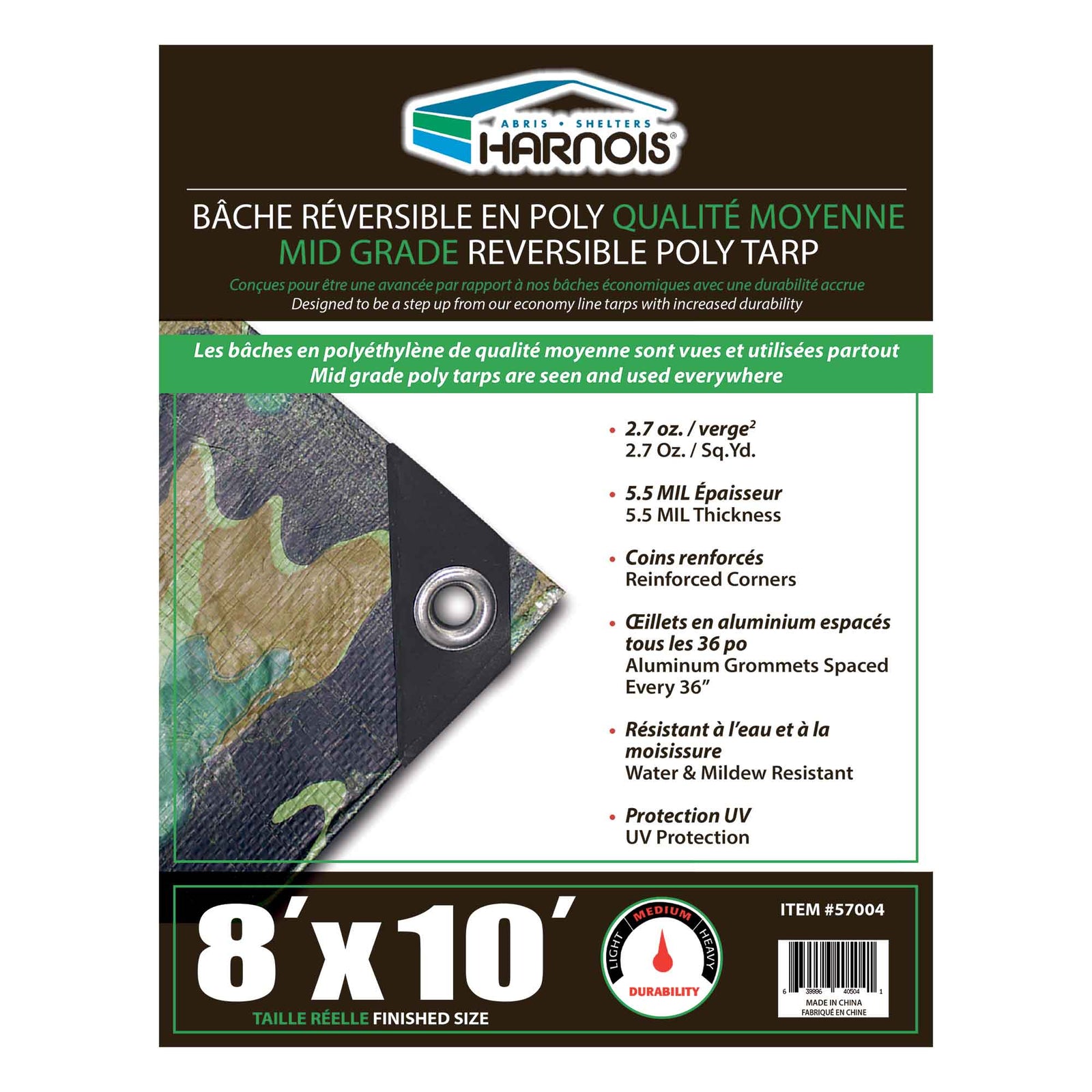 Bâche en polyéthylène de style camouflage de qualité moyenne, 8' x 10'