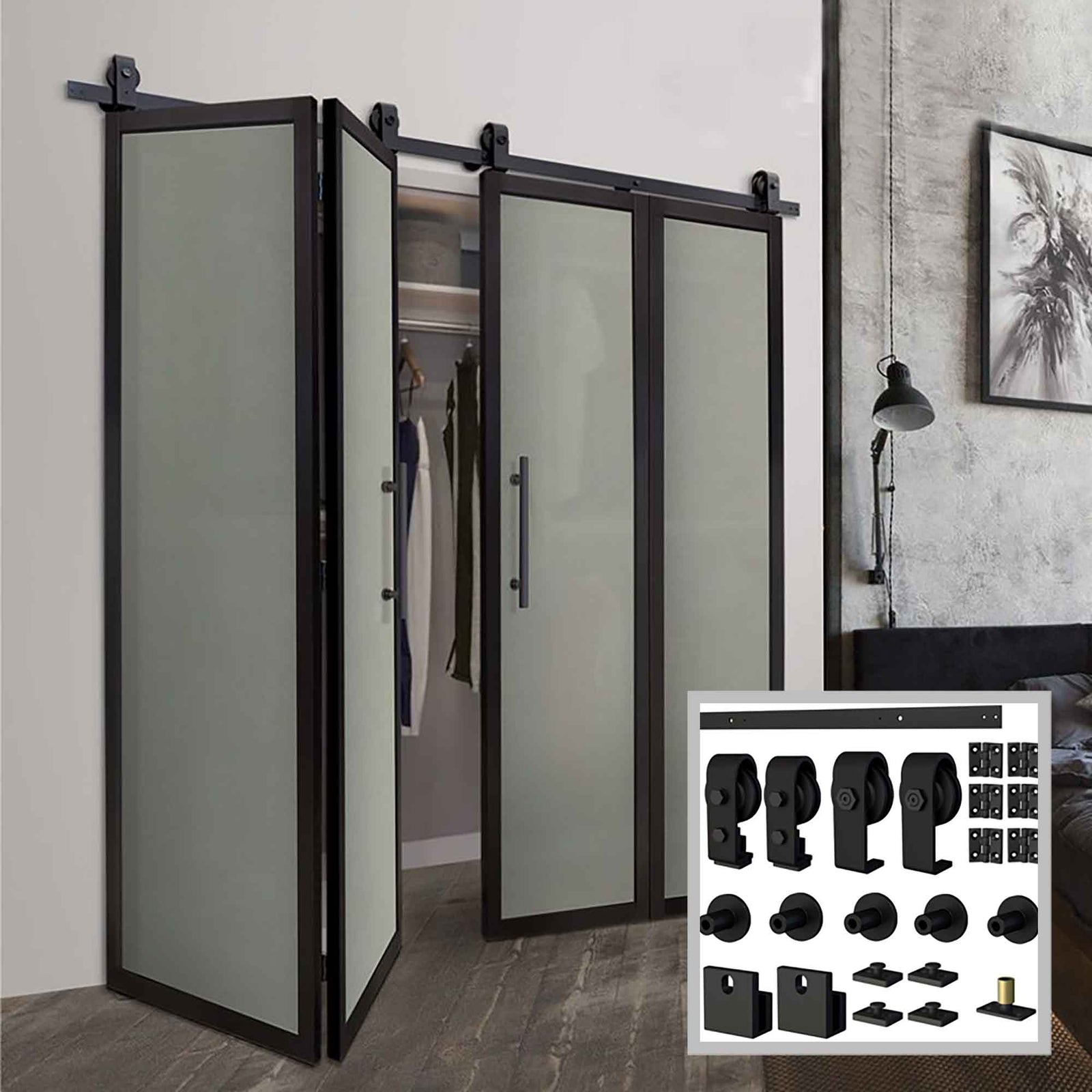 Rail et quincaillerie # 645P en acier noir pour porte murale pliante à 4 panneaux, 78-3/4"