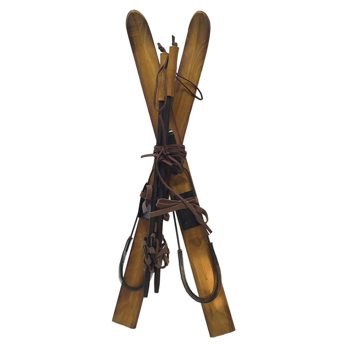 Décoration de skis en bois jauni avec cuir, 2" x 20-1/2"