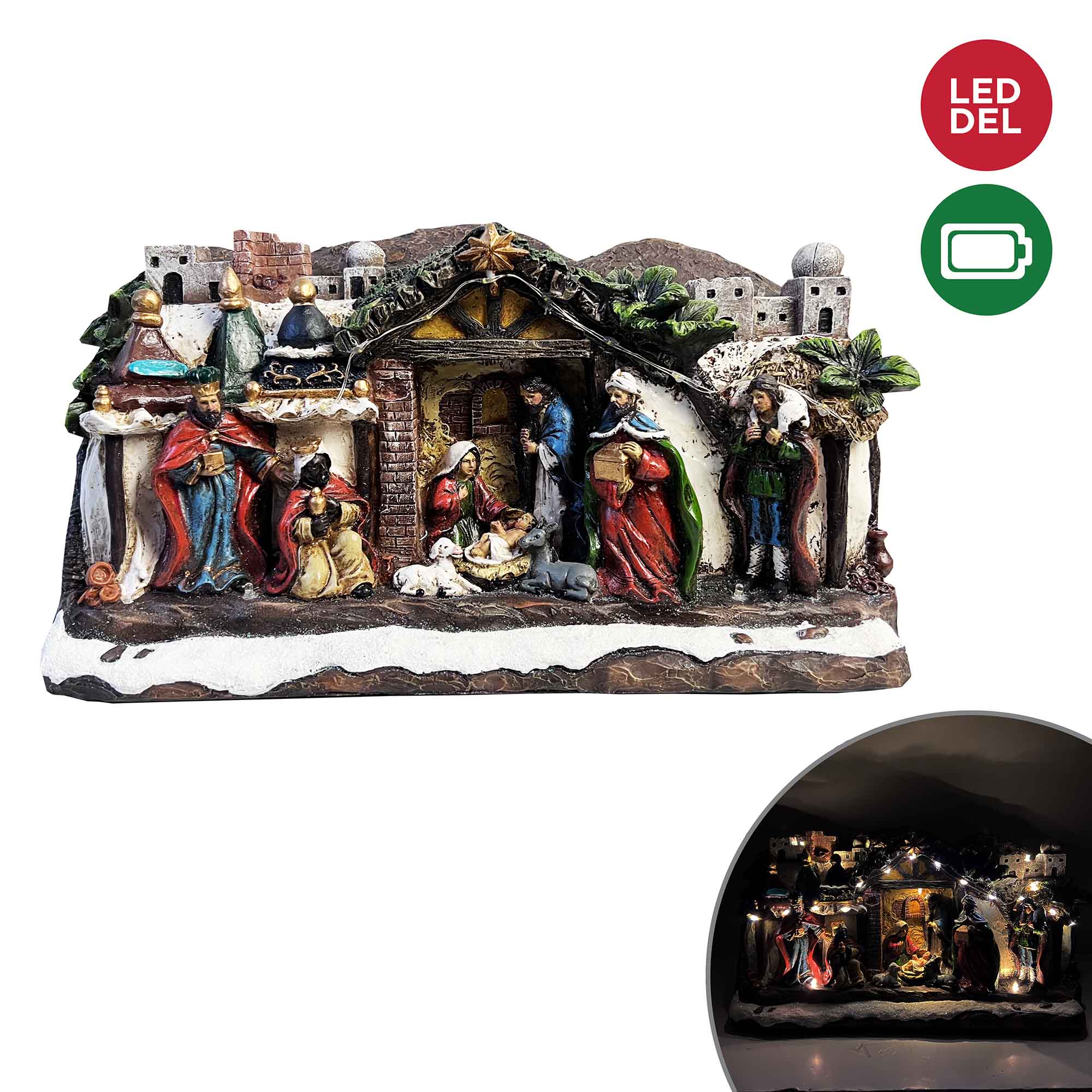 Scène en polyrésine de crèche de Noël avec lumières DEL et mouvement, 35 cm x 27,5 cm