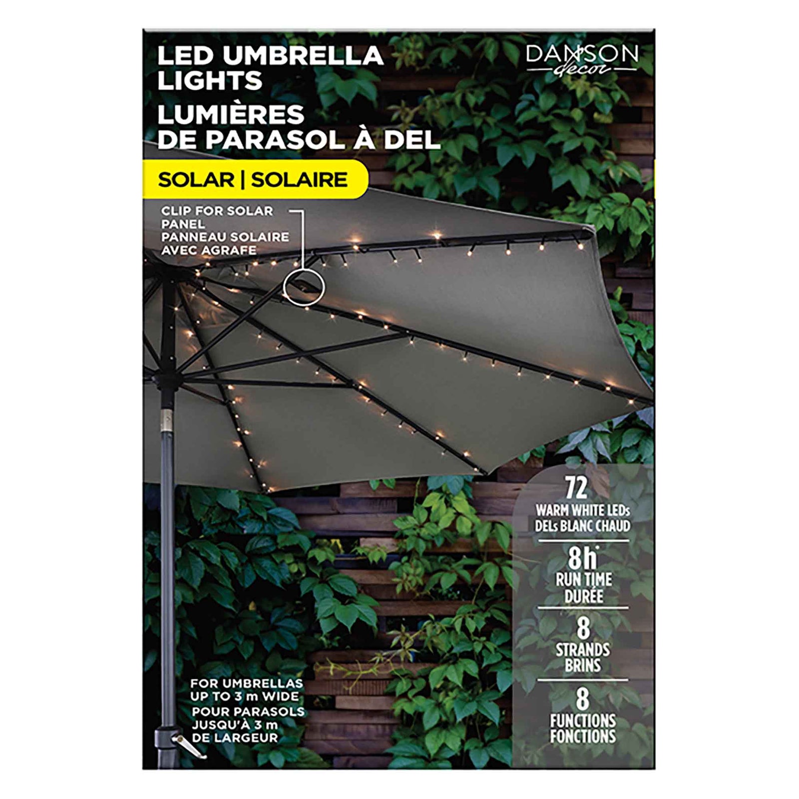 Jeu de 72 lumières DEL solaires de 5 mm pour parasol, 8 brins