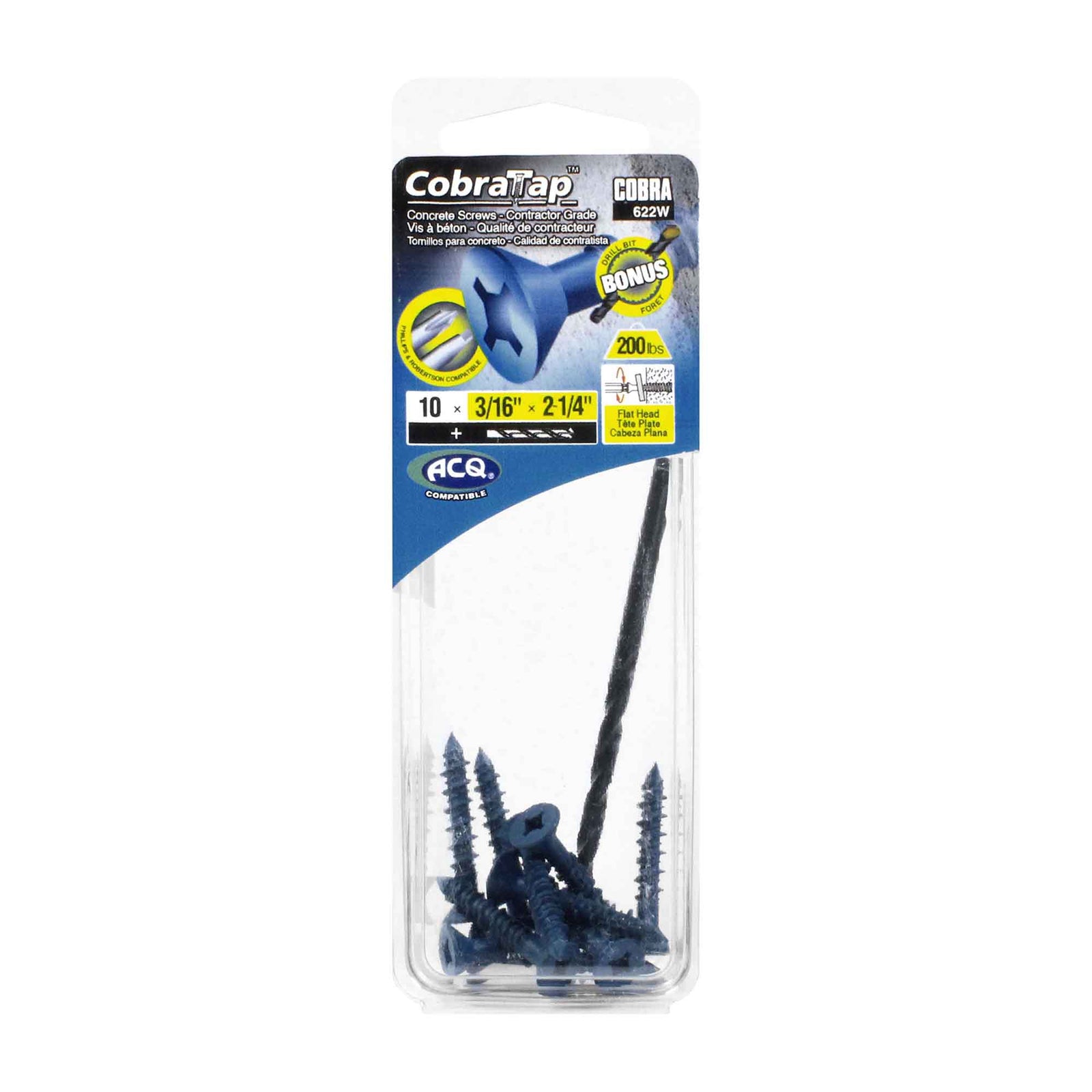 Vis à béton à tête plate CobraTap de 3/16" x 2-1/4'', 10 unités