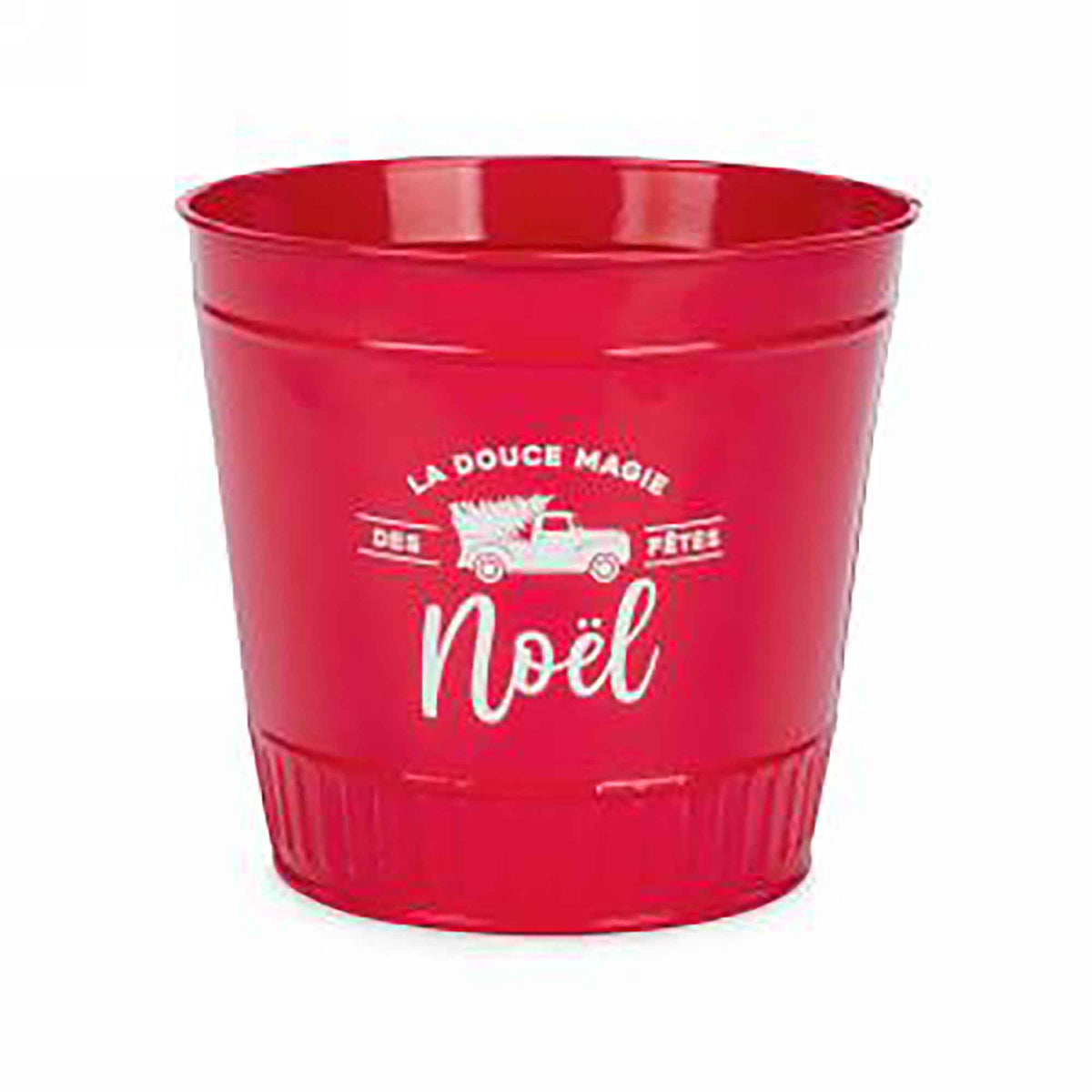 Seau rouge en métal avec inscription en blanc "LA DOUCE MAGIE DES FÊTES Noël", 6,5" x 6" 