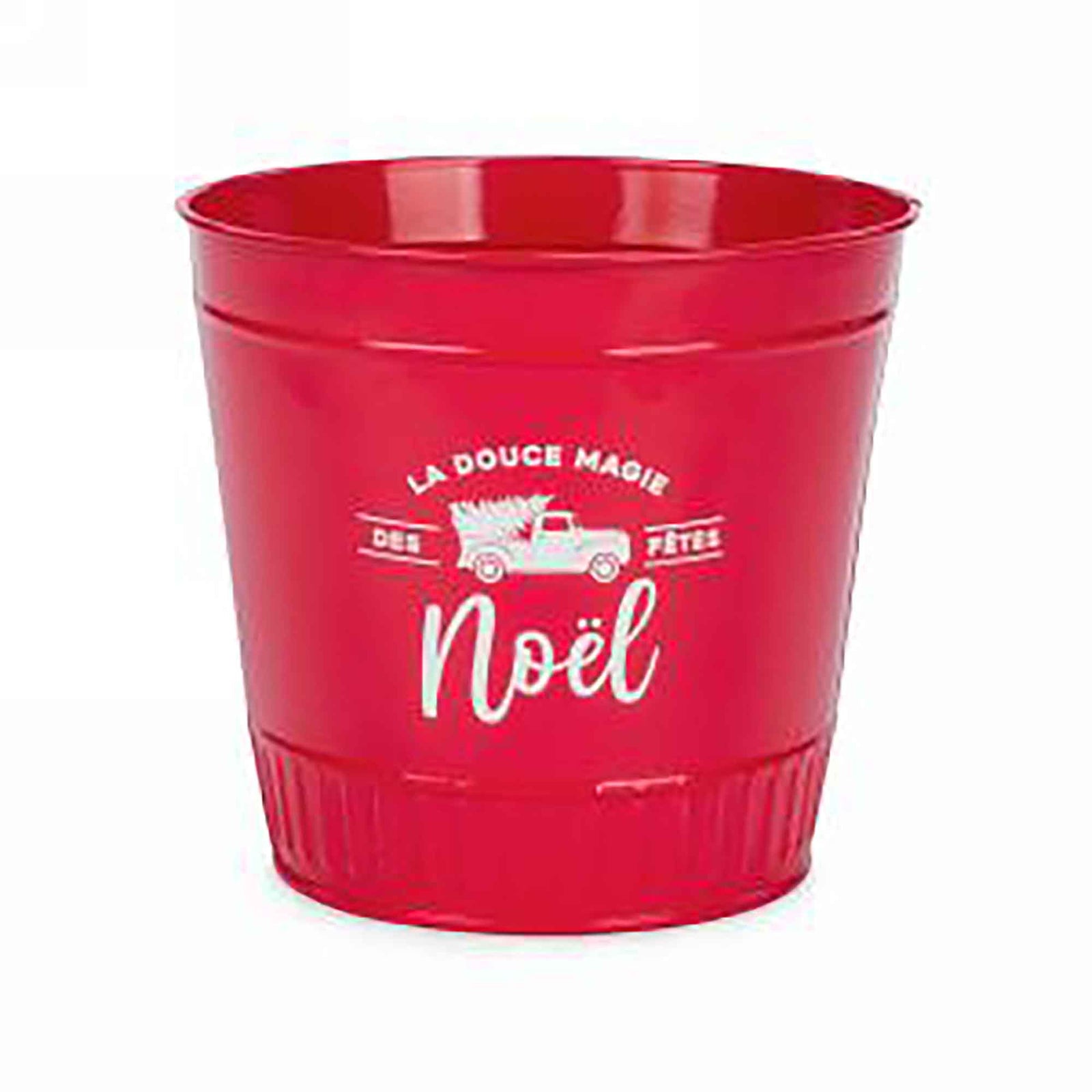 Seau rouge en métal avec inscription en blanc "LA DOUCE MAGIE DES FÊTES Noël", 6,5" x 6" 