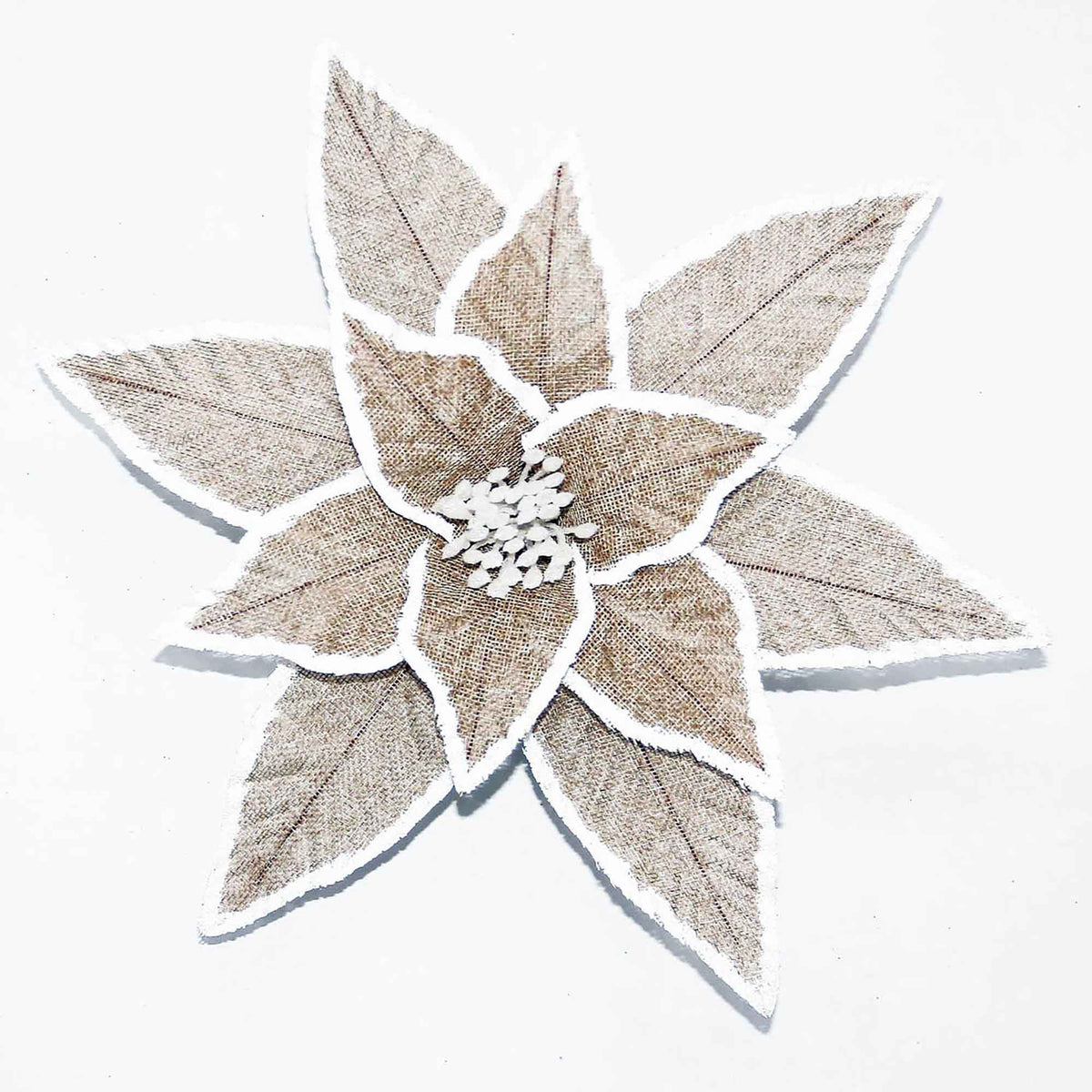 Tête de poinsettia en jute naturelle à contour blanc avec clip, 11,5&quot; 