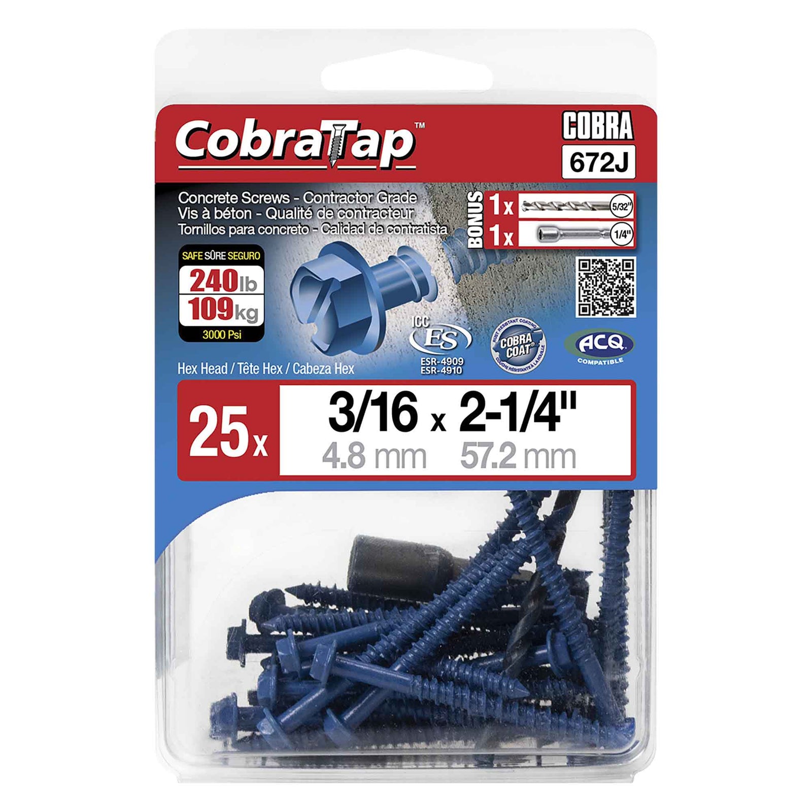 Vis à béton à tête hexagonale CobraTap de 3/16" x 2-1/4", 25 unités