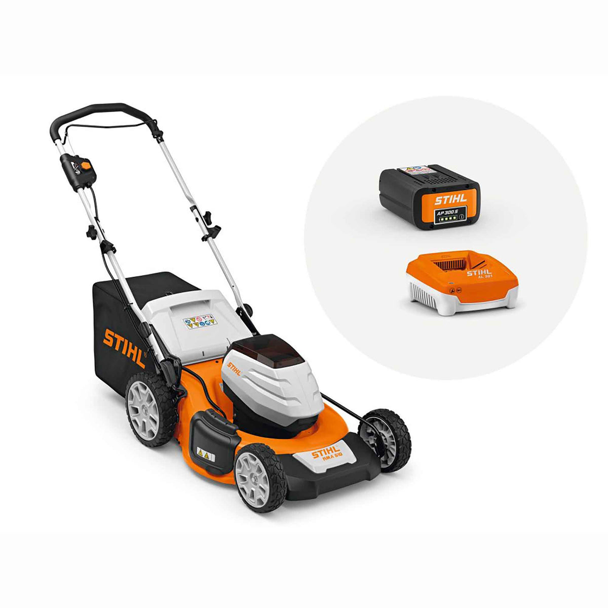 Ensemble d'une tondeuse à gazon à batterie RMA 510 avec batterie AP 300 S et chargeur rapide AL 301, 20''