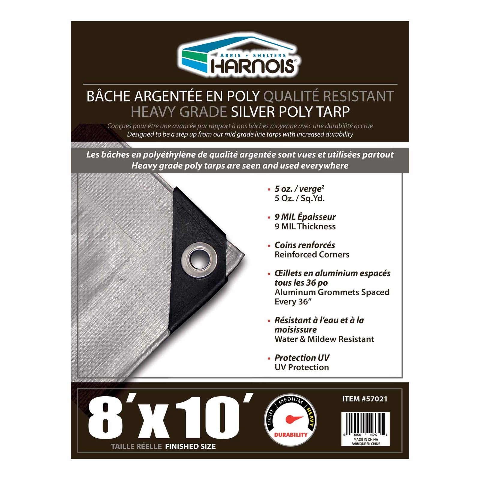 Bâche en polyéthylène argenté de qualité robuste, 8' x 10'