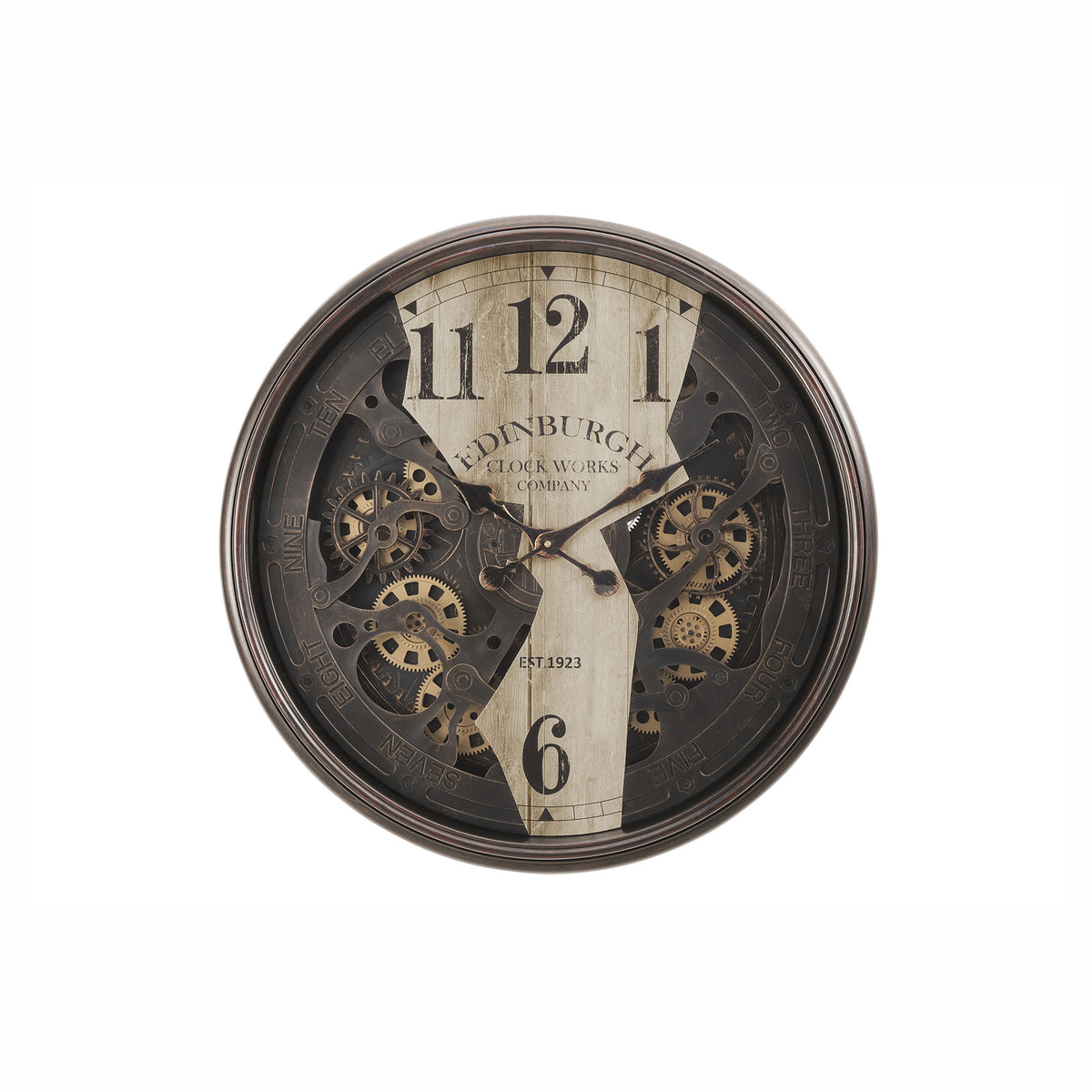 Horloge murale ronde avec mécanisme à engrenages, 30" (brun et naturel)