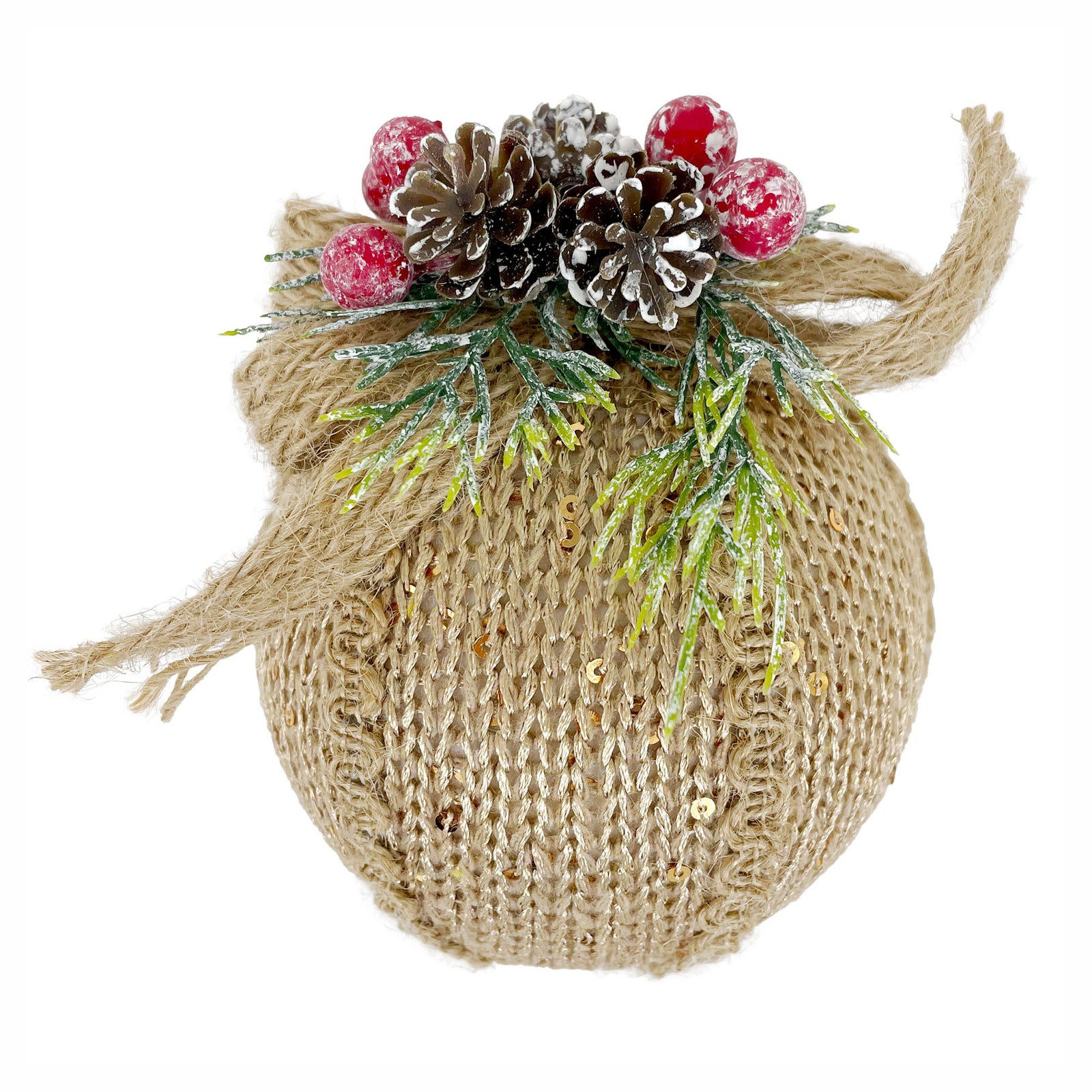 Décoration de boule en tissu à suspendre avec pommes de pin et baies rouges, 5"