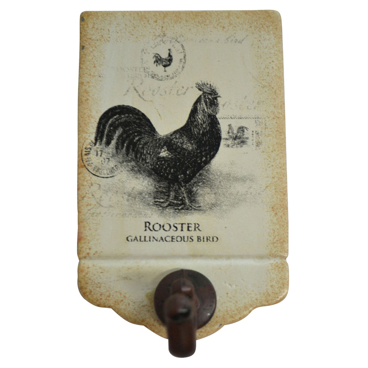Crochet en fonte de style antique sur plaque métallique avec gravure, coq