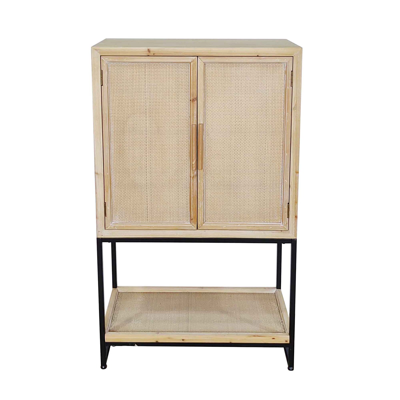 Armoire en bois avec rotin tissé naturel et structure métallique, 26" x 14-1/4" x 46"   