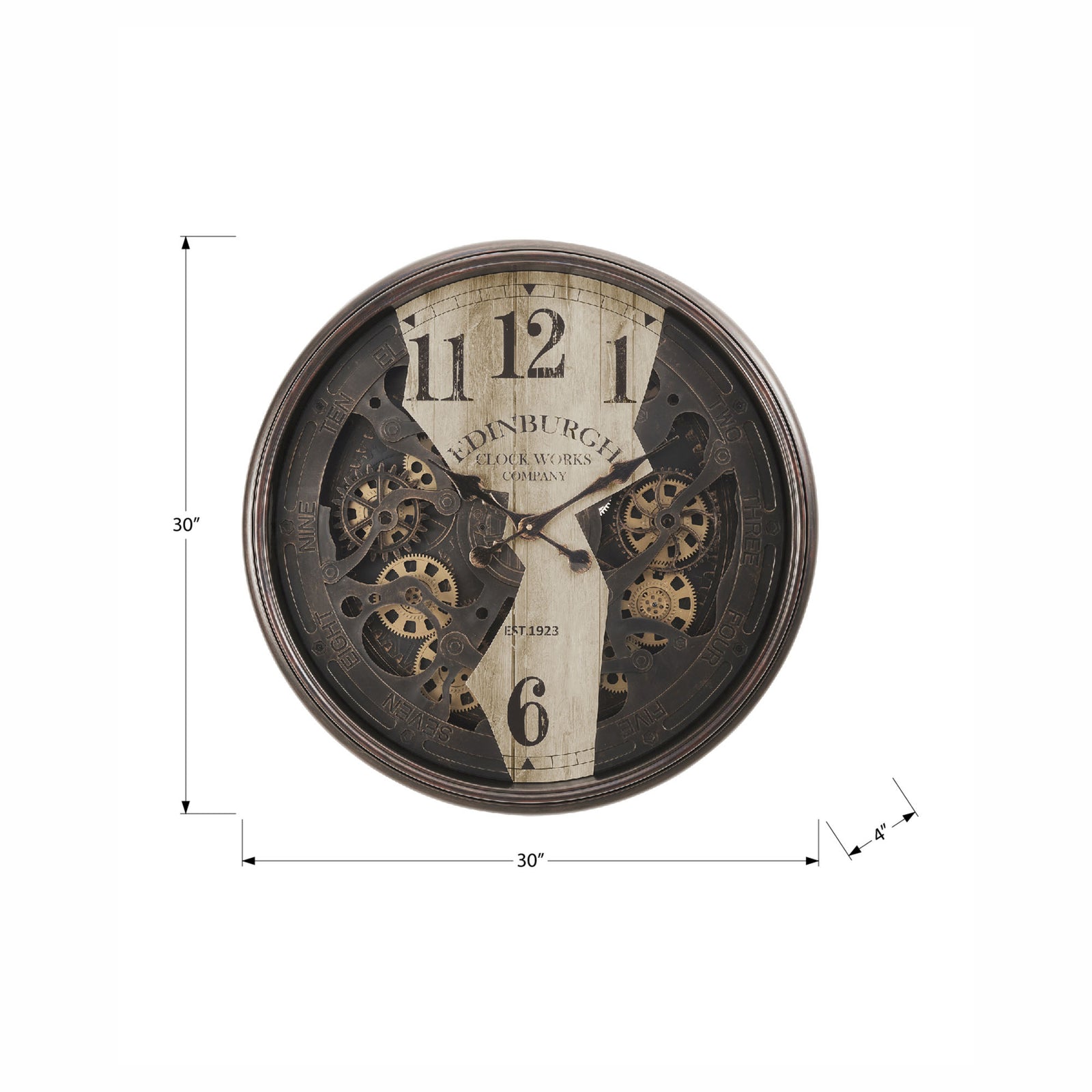 Horloge murale ronde avec mécanisme à engrenages, 30" (brun et naturel)