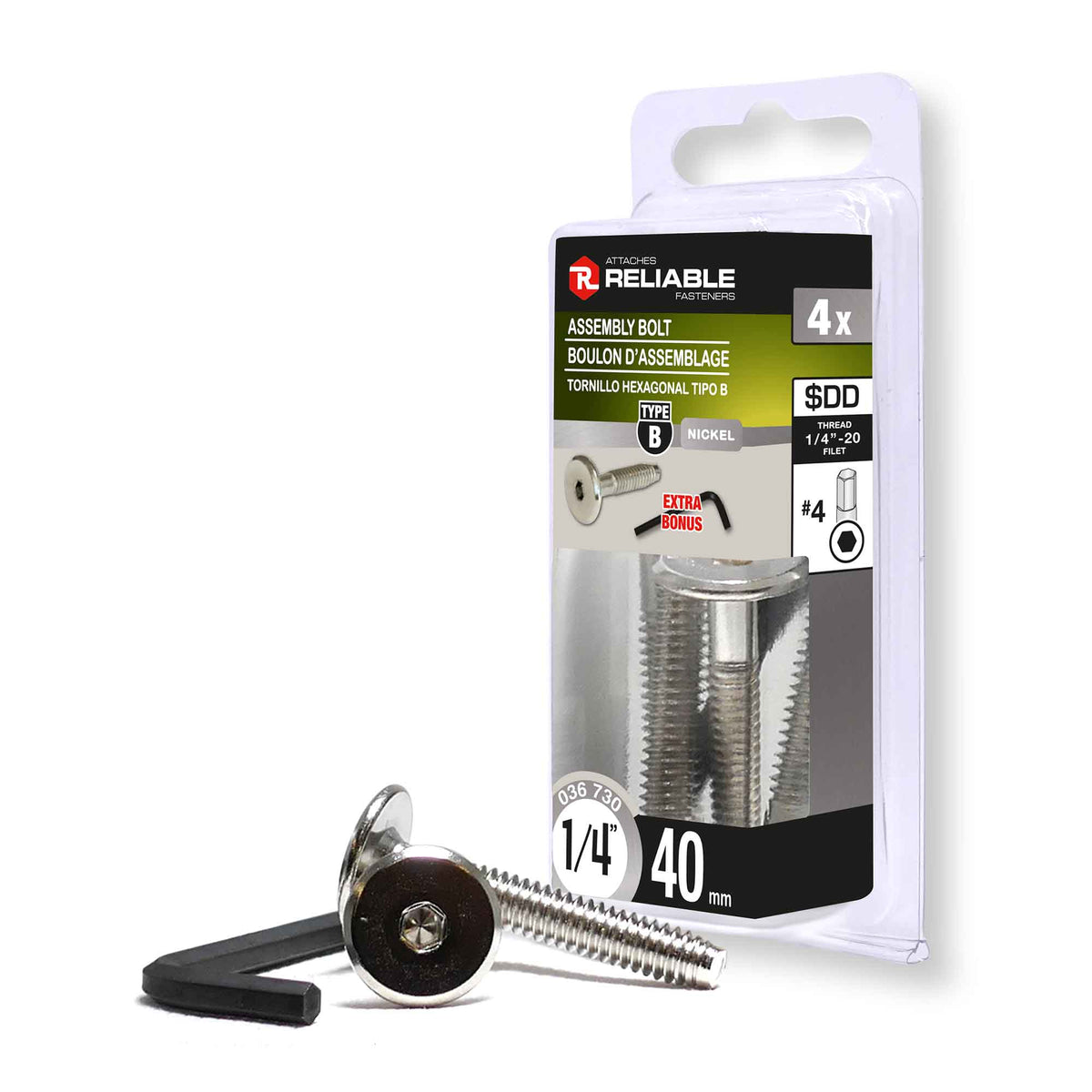 Boulon d'assemblage de Type JCB, 1/4'' x 40 mm (nickel et clé hexagonale)