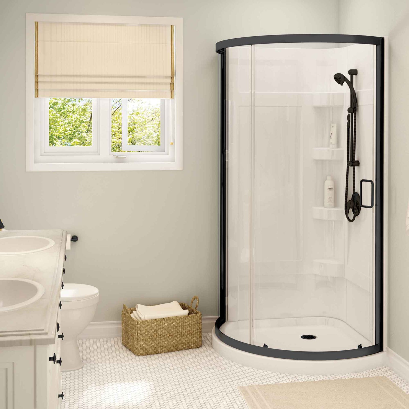 Ensemble de douche Cyrene à drain central en acrylique blanc avec verre transparent et fini noir mat, 34" x 34" x 76''