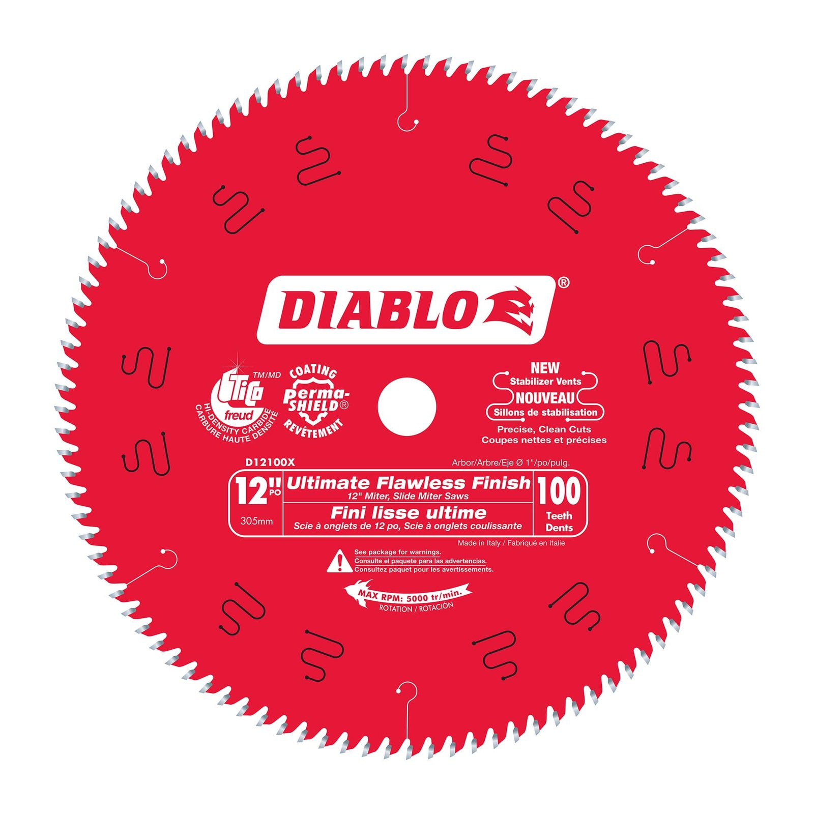 Lame circulaire Diablo pour finition ultra lisse de 12" à 100 dents, tige de 1"