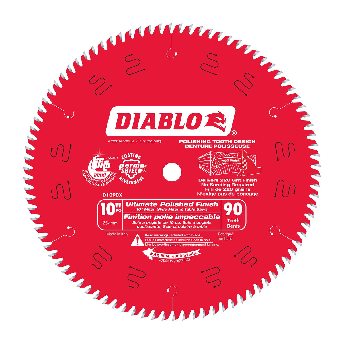 Lame circulaire Diablo pour finition ultra lisse de 10&quot; à 90 dents, tige de 5/8&quot;