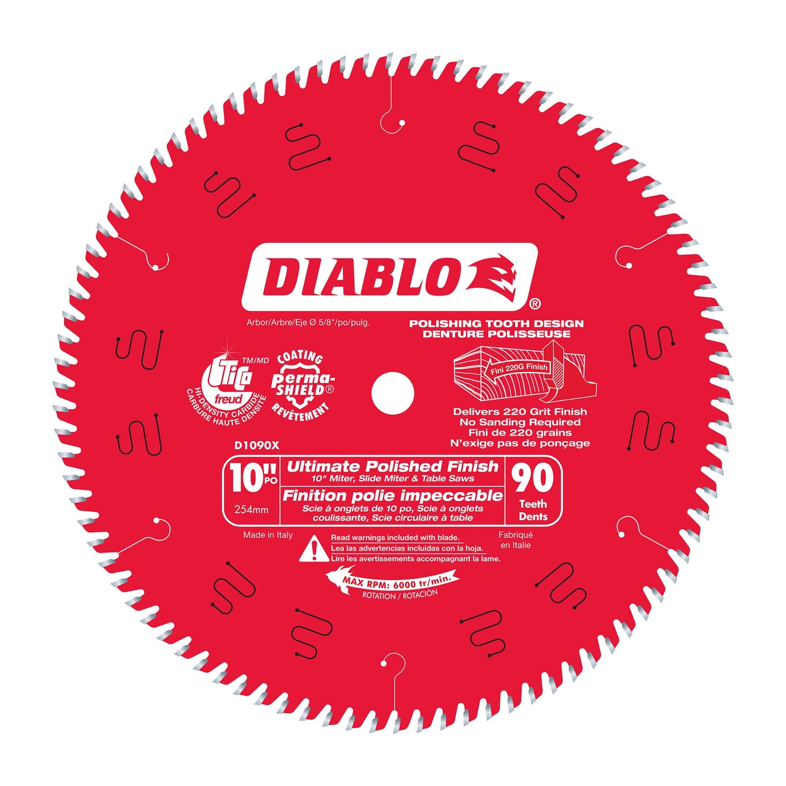 Lame circulaire Diablo pour finition ultra lisse de 10" à 90 dents, tige de 5/8"