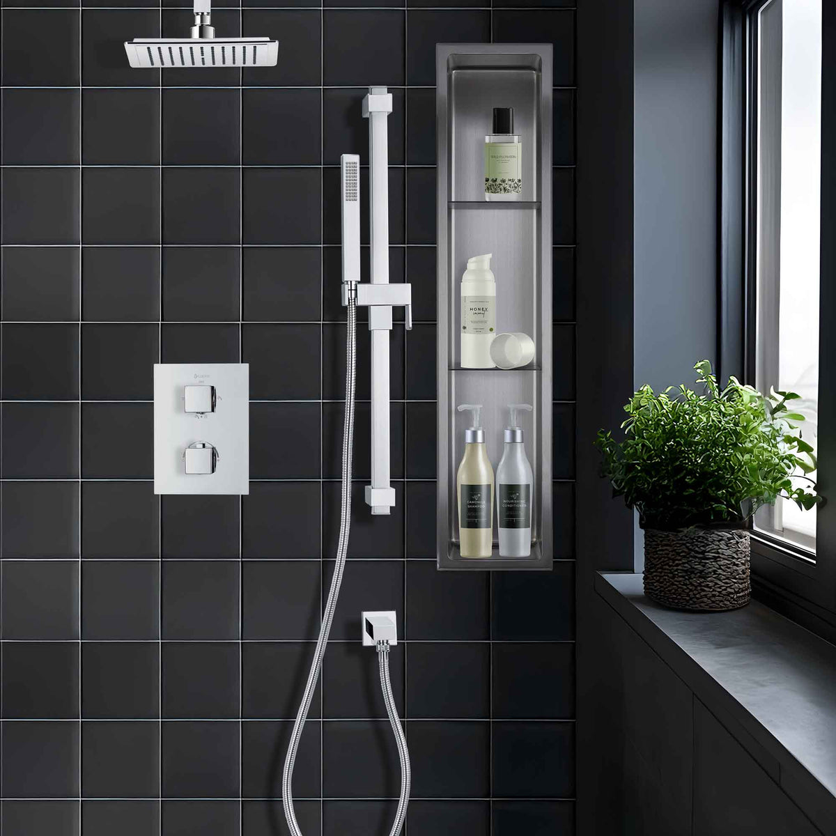 Niche de douche murale Layla à 2 tablettes en acier inoxydable brossé, 8'' x 36''