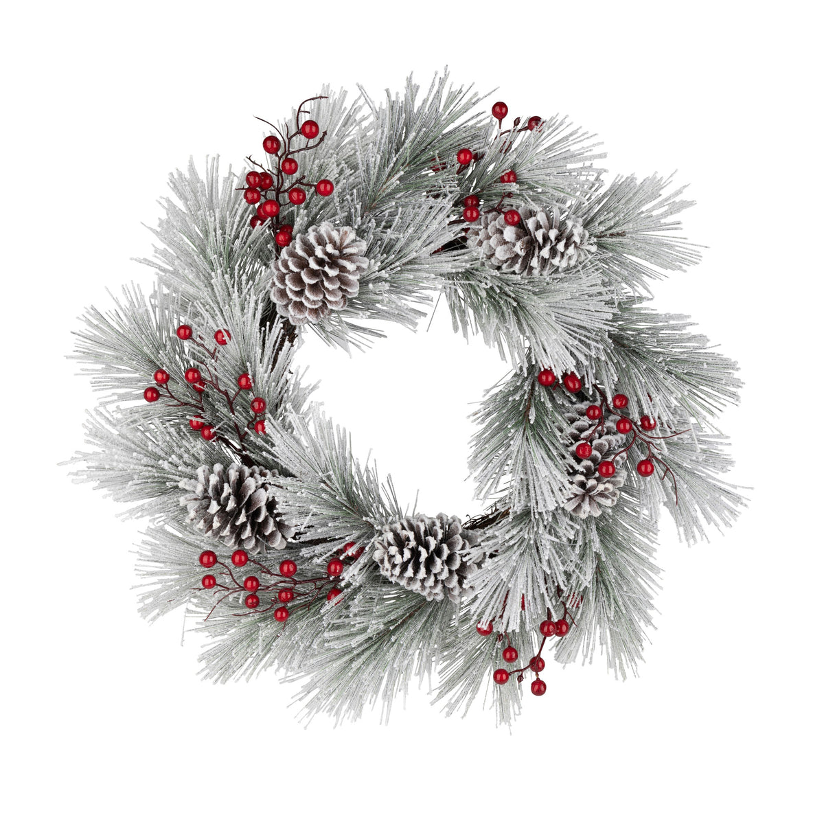 Couronne de pin givré avec baies et pommes de pin, 24''