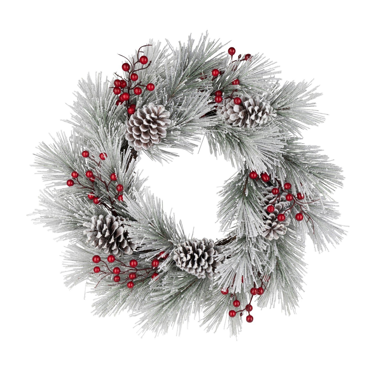 Couronne de pin givré avec baies et pommes de pin, 24''